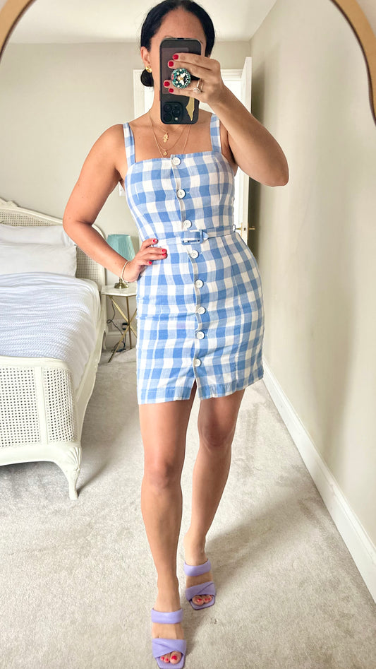 Nobody’s Child light blue white gingham check mini dress small UK 8 vgc