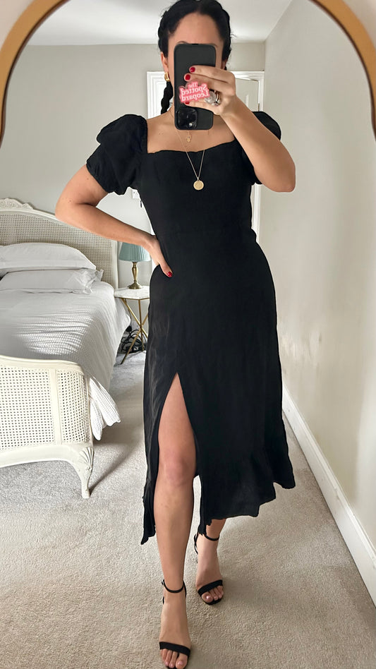 & other stories black linen side split midi holiday event dress medium UK 12-14 vgc