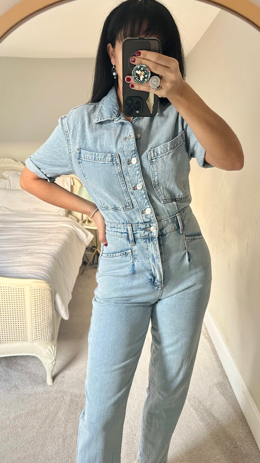 Mango bleach washed blue denim jumpsuit Playsuit boilersuit small UK 8 vgc