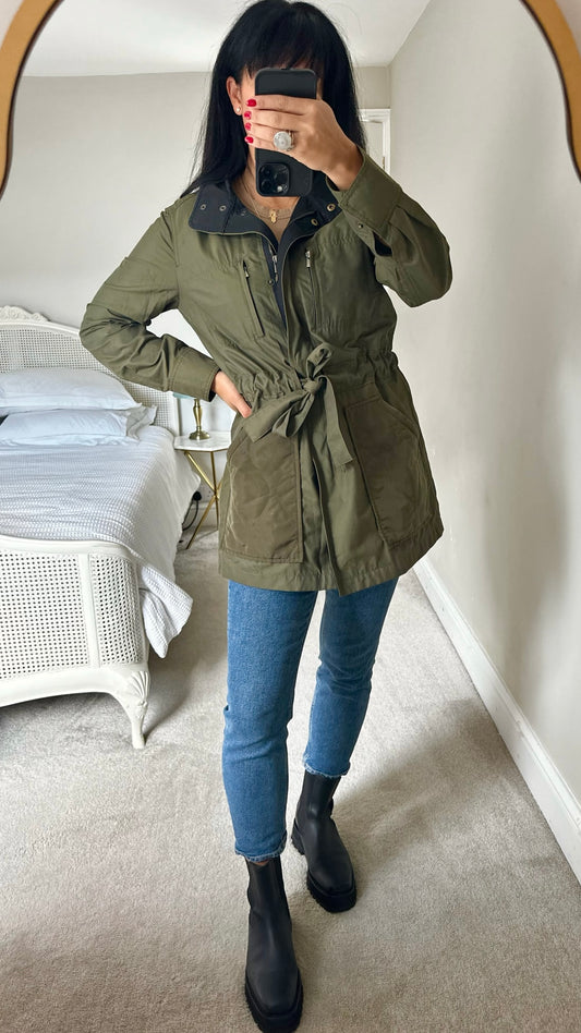 Club Monaco khaki olive green waxy look tie waist jacket medium M UK 12 excellent used condition