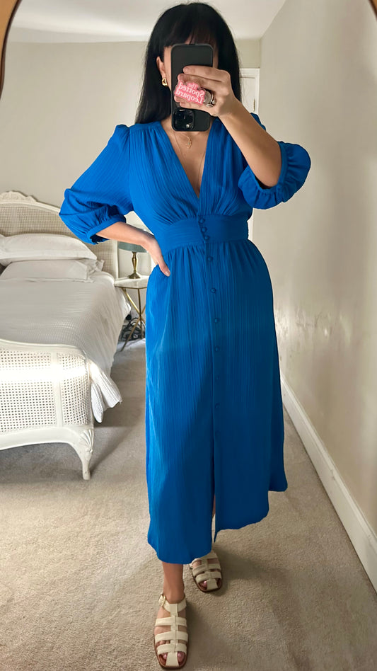 FRNCH cobalt blue longline button up wedding guest event dress small UK 8 vgc
