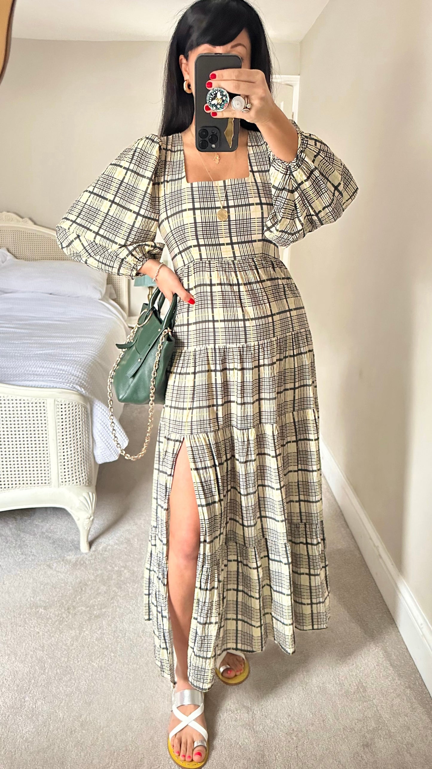 Topshop black beige green gingham maxi midaxi side split casual boho dress small UK 8 vgc