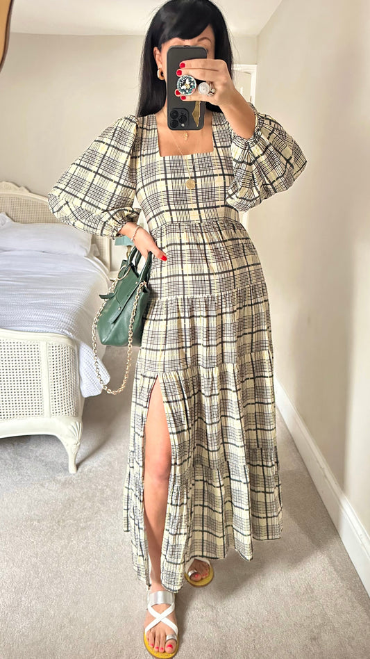 Topshop black beige green gingham maxi midaxi side split casual boho dress small UK 8 vgc