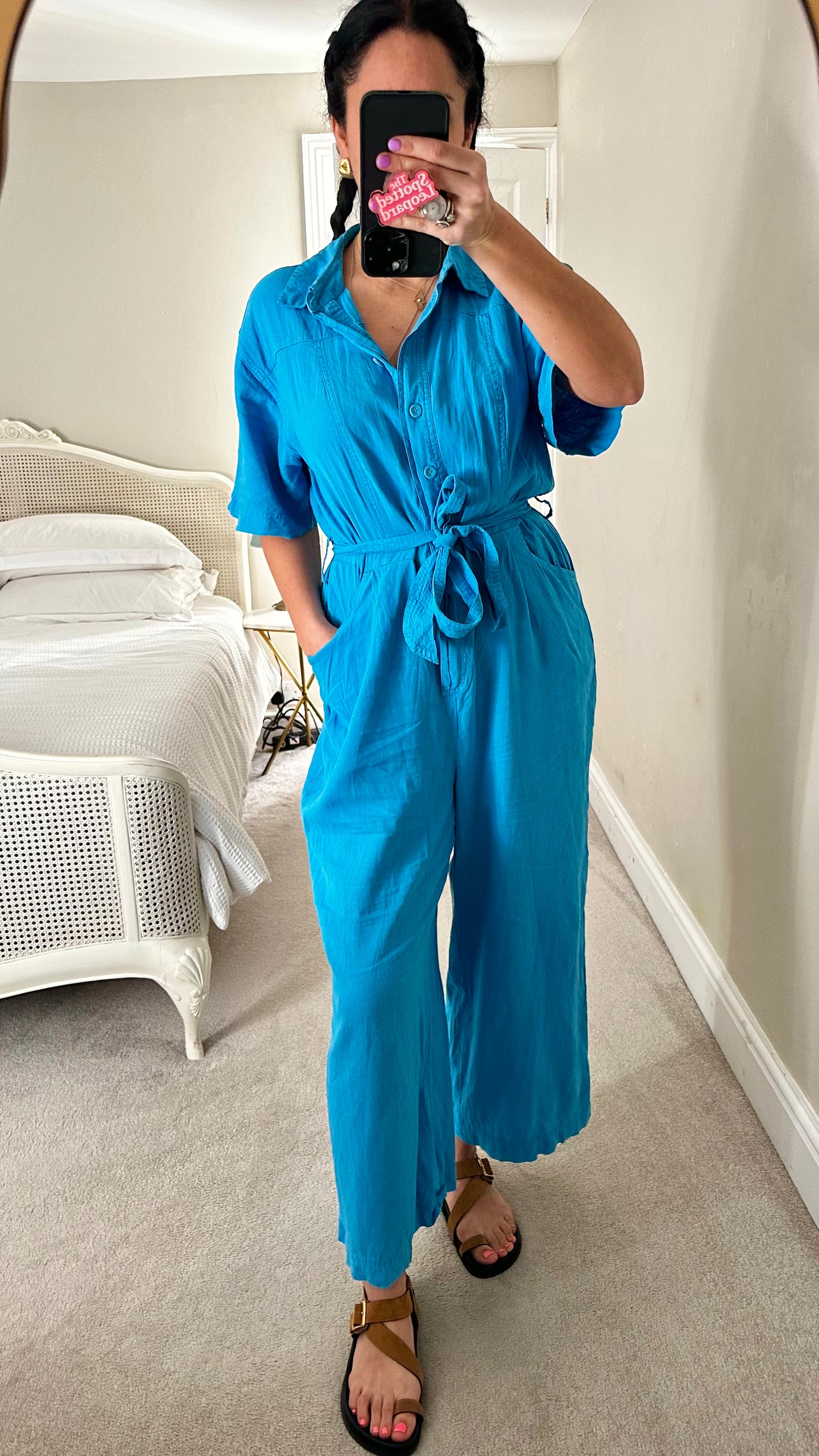 Oliver Bonas kingfisher blue linen blend jumpsuit playsuit trousersuit medium UK 12 vgc