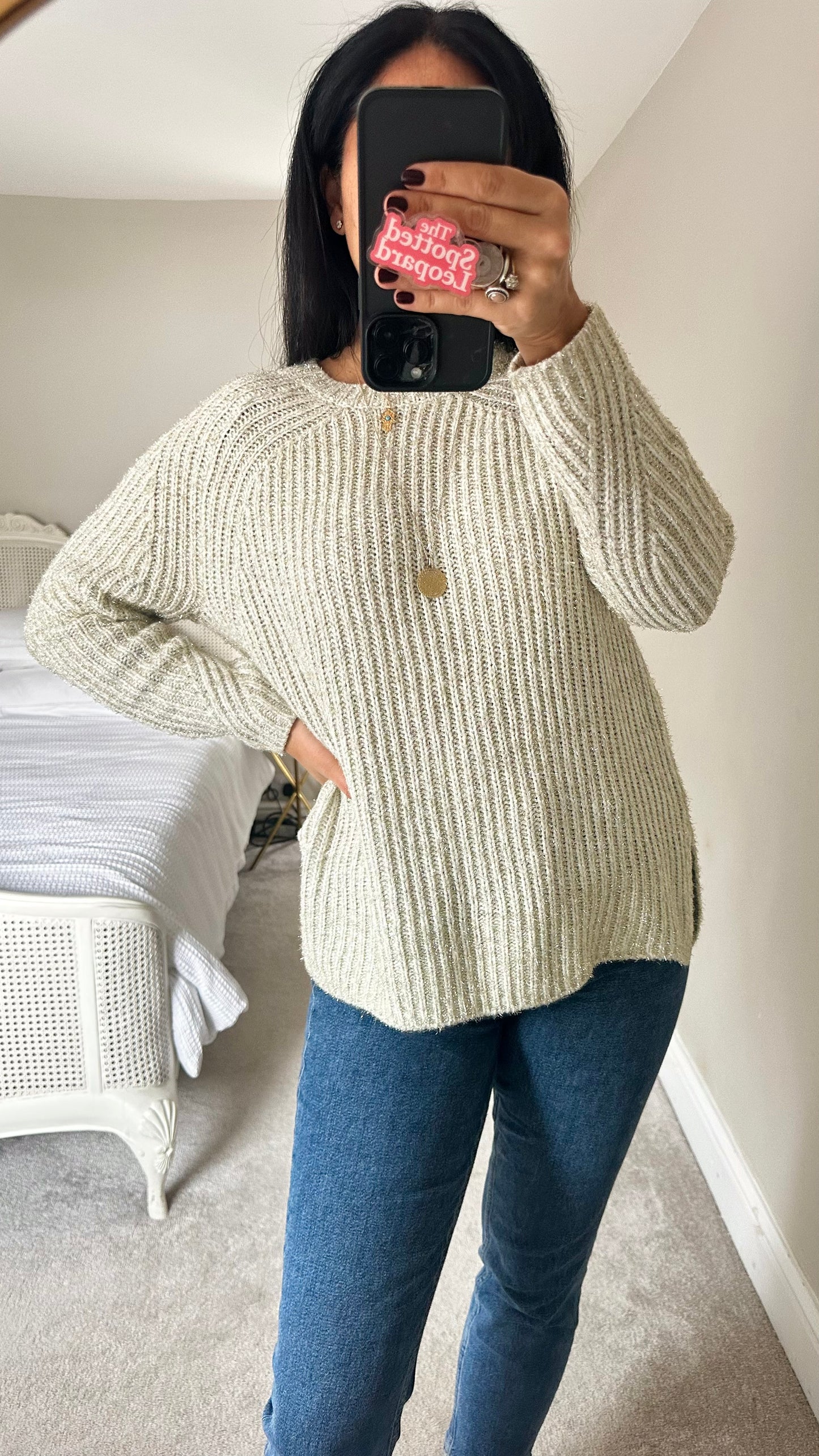 Topshop gold cream tinsel knitted Christmas jumper large UK 12 vgc