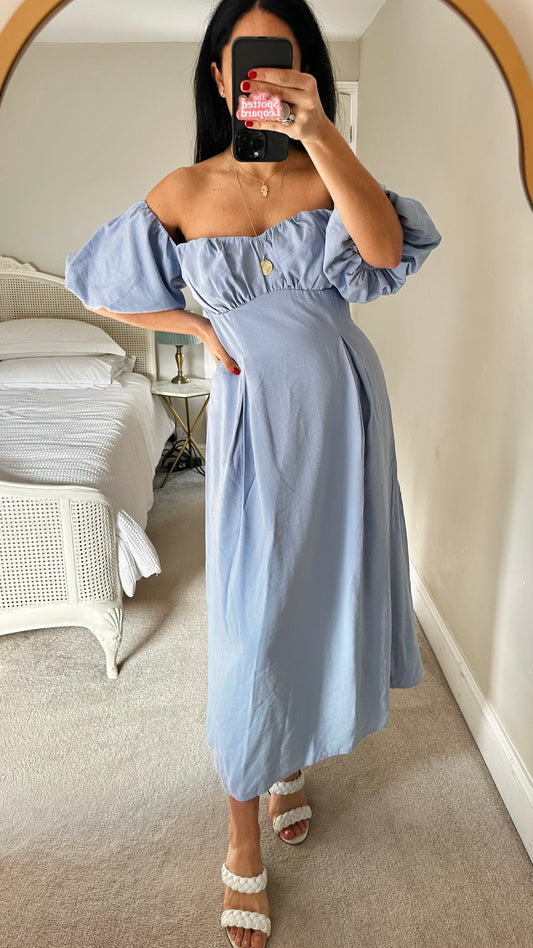Nobody’s child light blue off shoulder midi long dress wedding guest event medium M UK 12 NWT