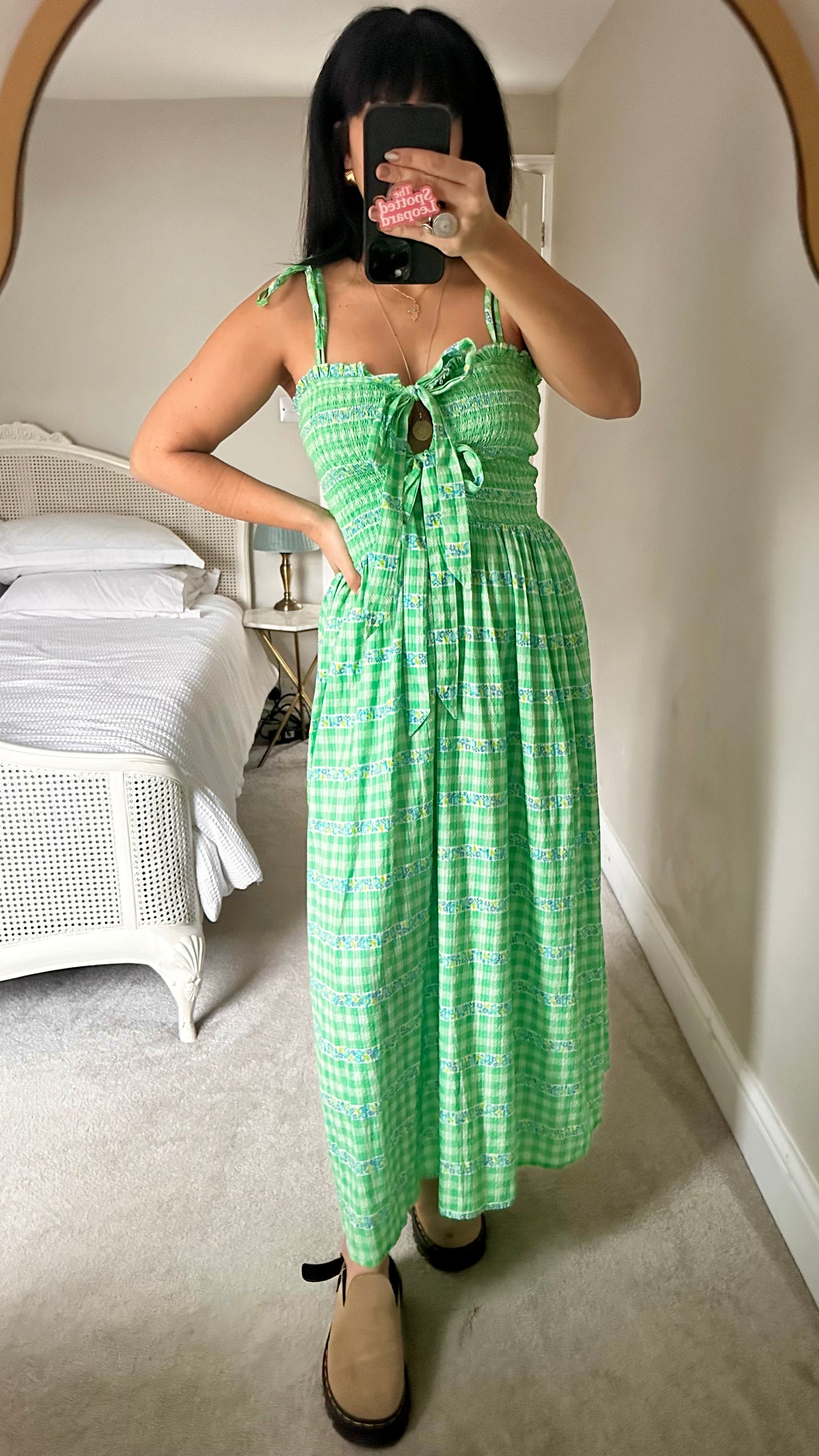 Damson Madder bright green gingham check front tie maxi holiday dress medium UK 14 new bnwt