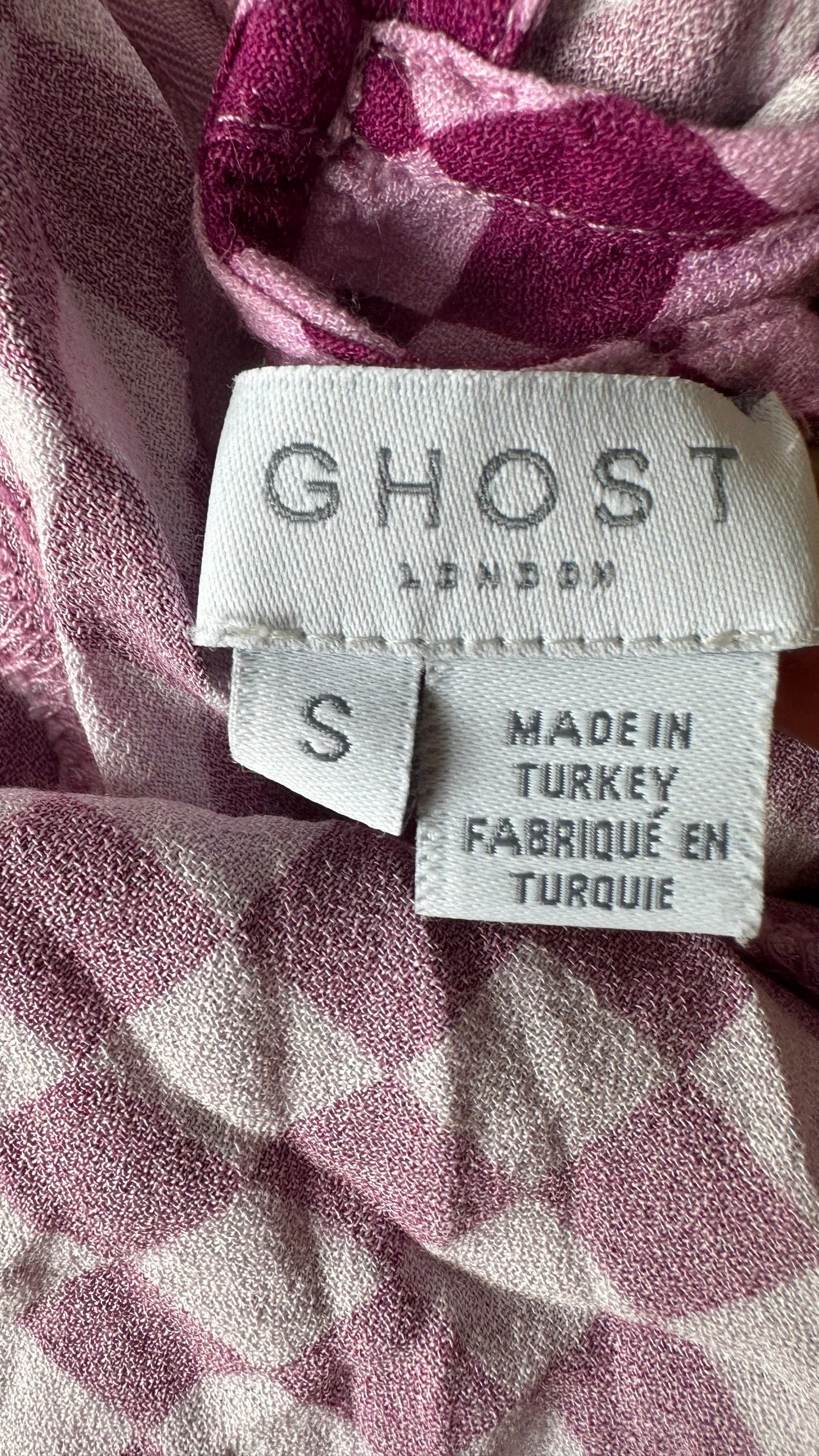 Ghost lilac purple check gingham chequered midi long dress event wedding small UK 8-10 vgc