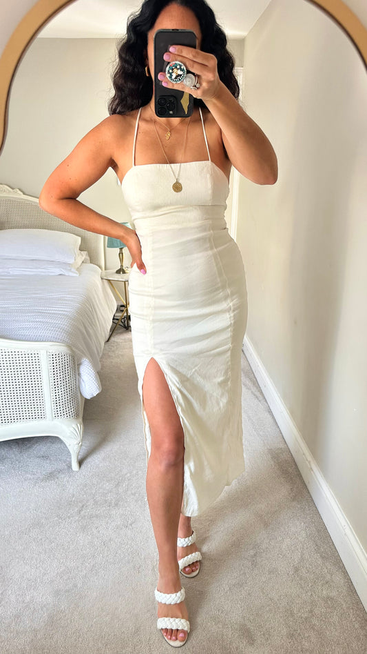 Zara white holiday side split midi backless dress extra small UK 6-8 vgc