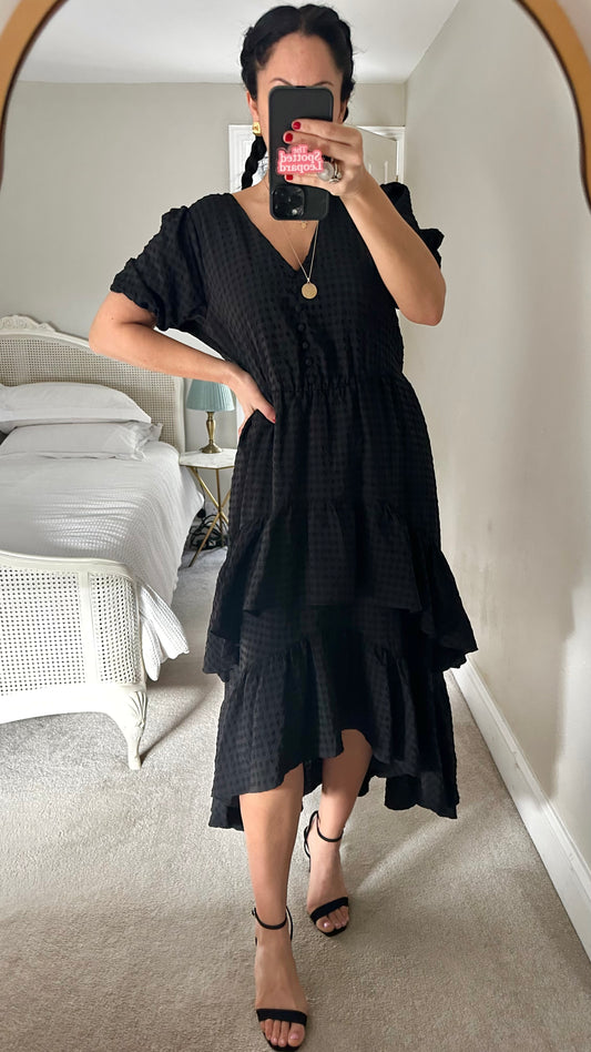 Ro & Zo black gingham check hi low ruffle medium UK 14 vgc