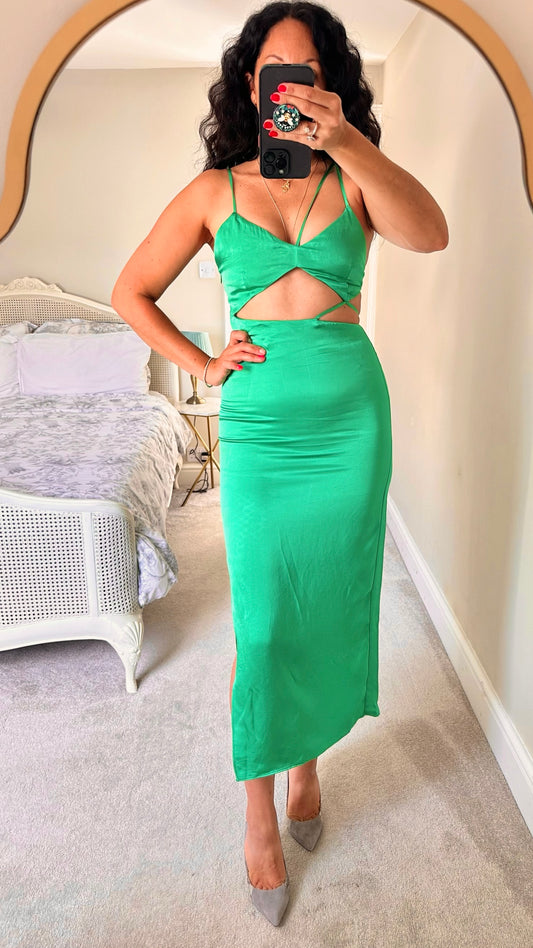 Zara green cutout side split strappy midi dress extra small S UK 6