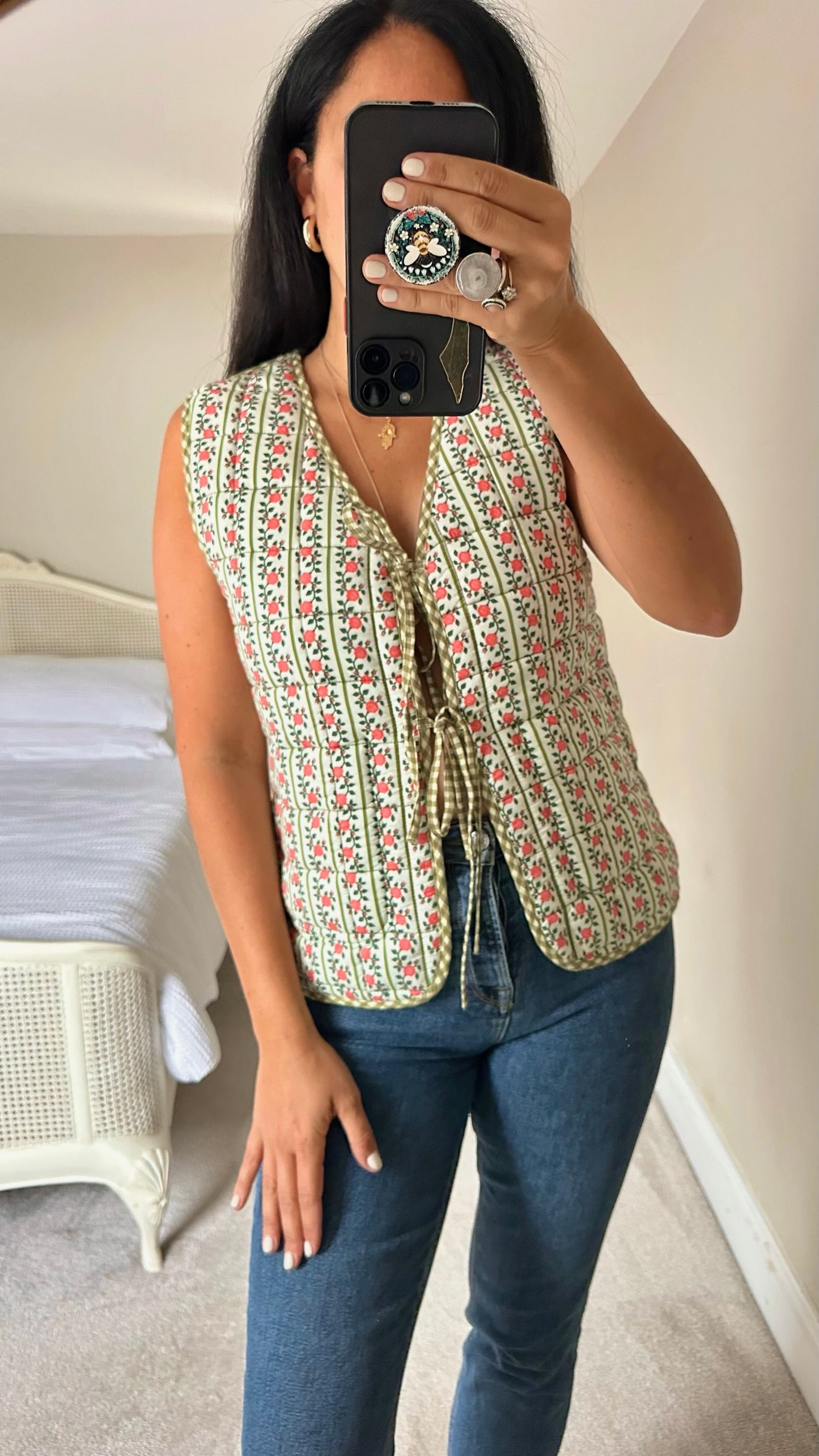 Damson madder reversible green pink gingham waistcoat top medium UK 10 vgc