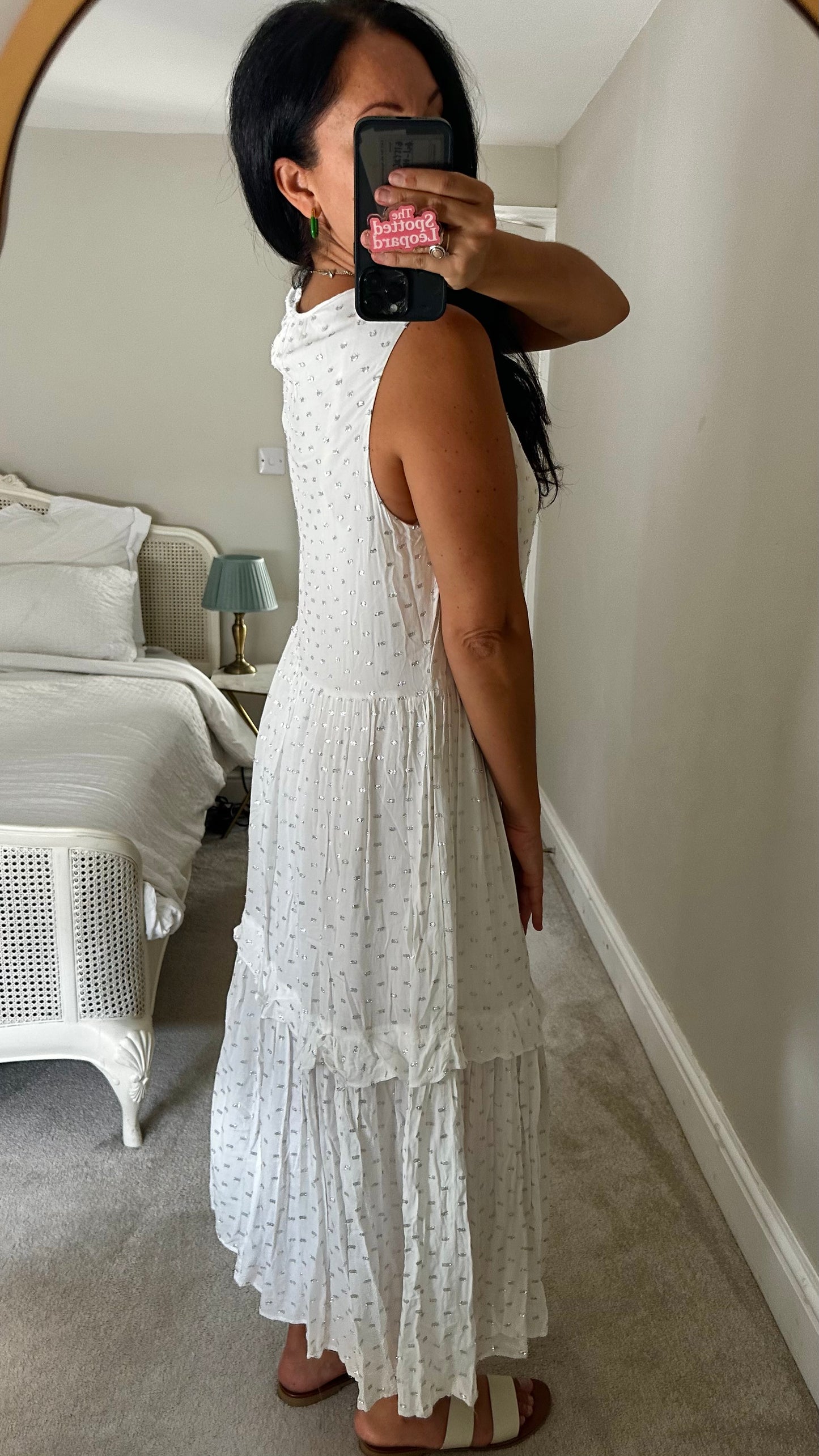 Oliver Bonas white silver polka midi long dress medium UK 12-14 vgc holiday
