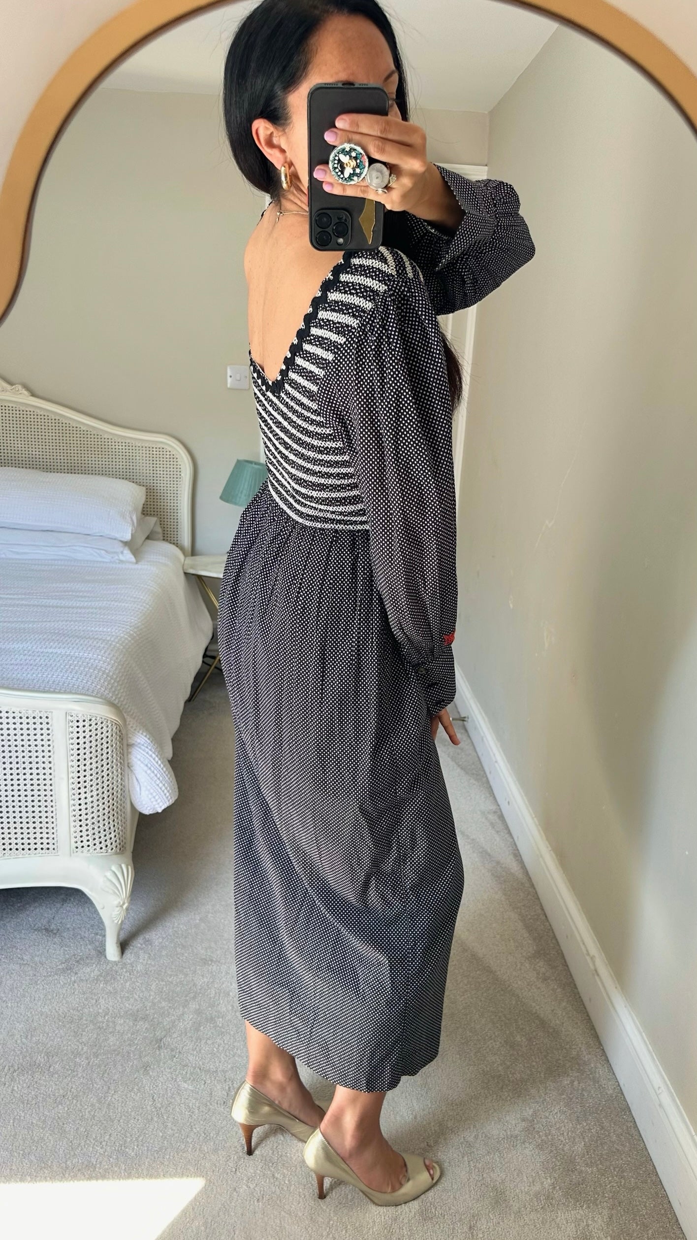 Damson Madder black white polka dot shirred bust vintage style maxi dress large L UK 12 vgc