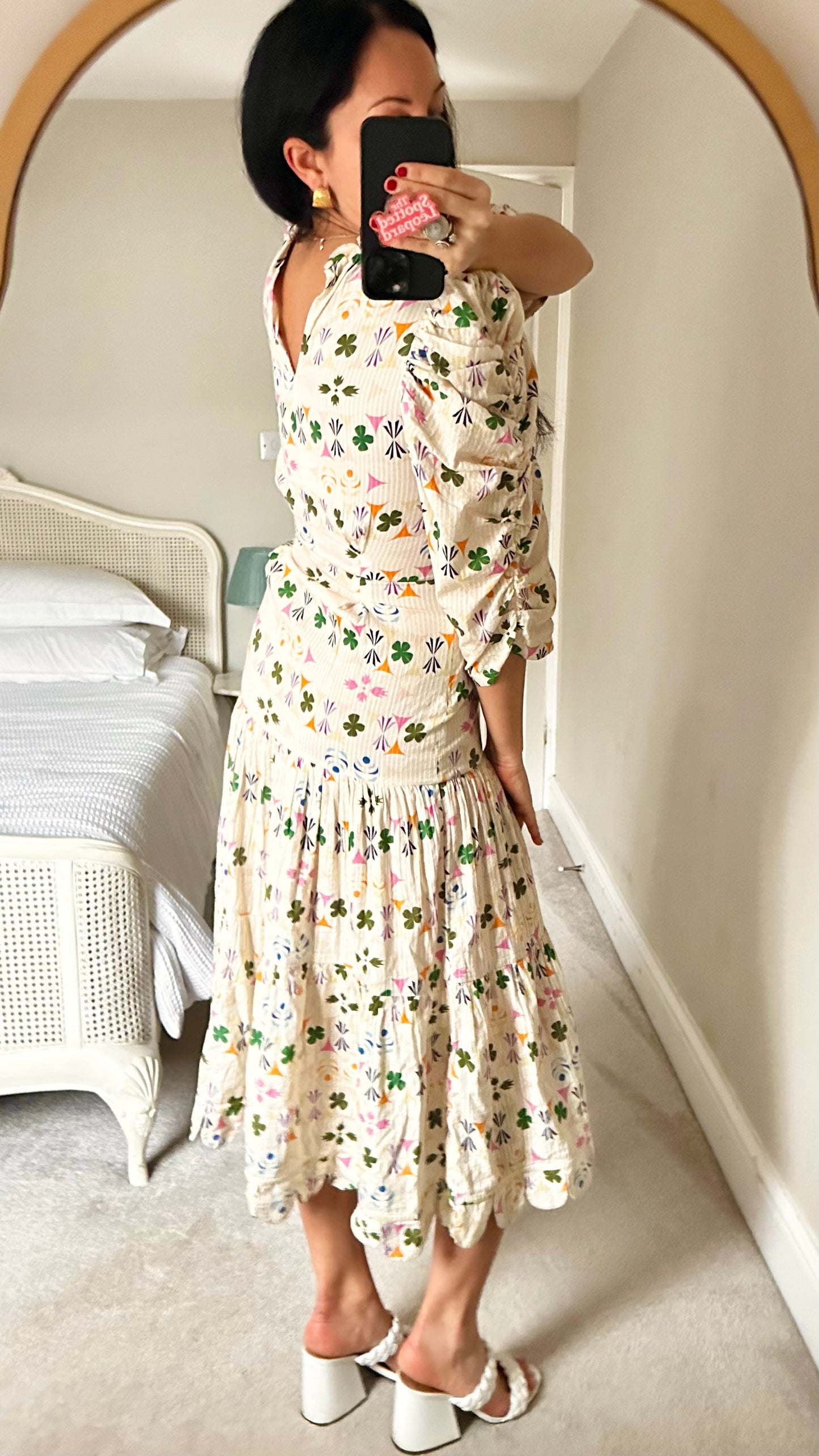 Stella Nova cream green pink clover print scalloped midi long holiday event dress small UK 8 vgc cotton