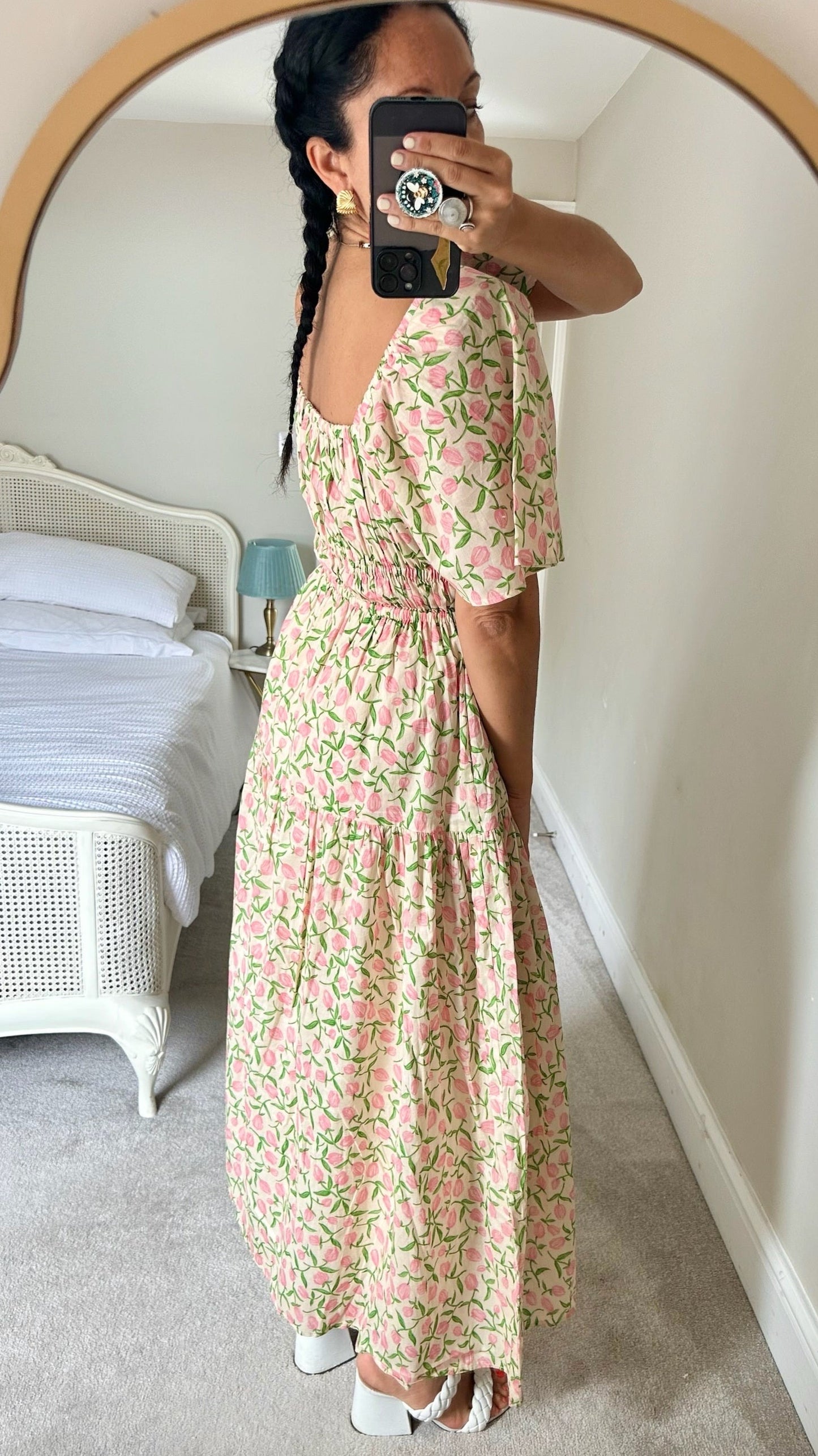 Kitri pink green peony peaches cotton midi long dress holiday event medium UK 12