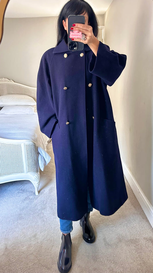 Planet vintage navy blue pure wool coat jacket extra large UK 14 vgc long