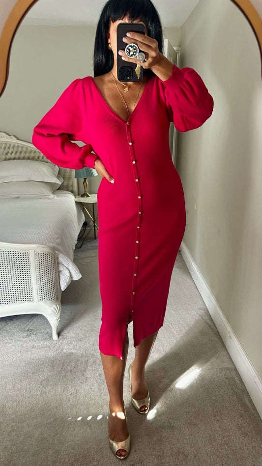 Oliver bonas fuchsia pink burgundy knitted button up midi jumper dress large L UK 12 excellent used condition