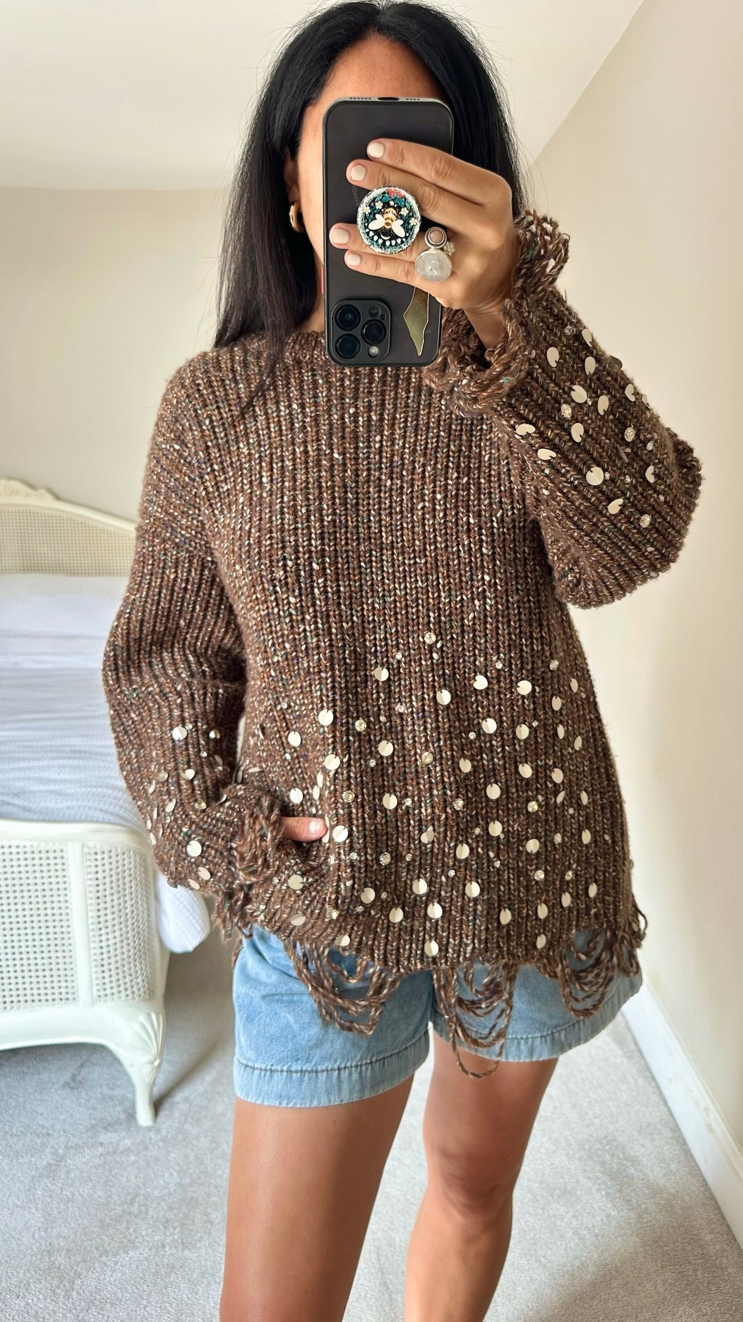 Zara brown sequin frayed hem oversize wool blend chunky knit jumper festival large L UK 12-14 new condition
