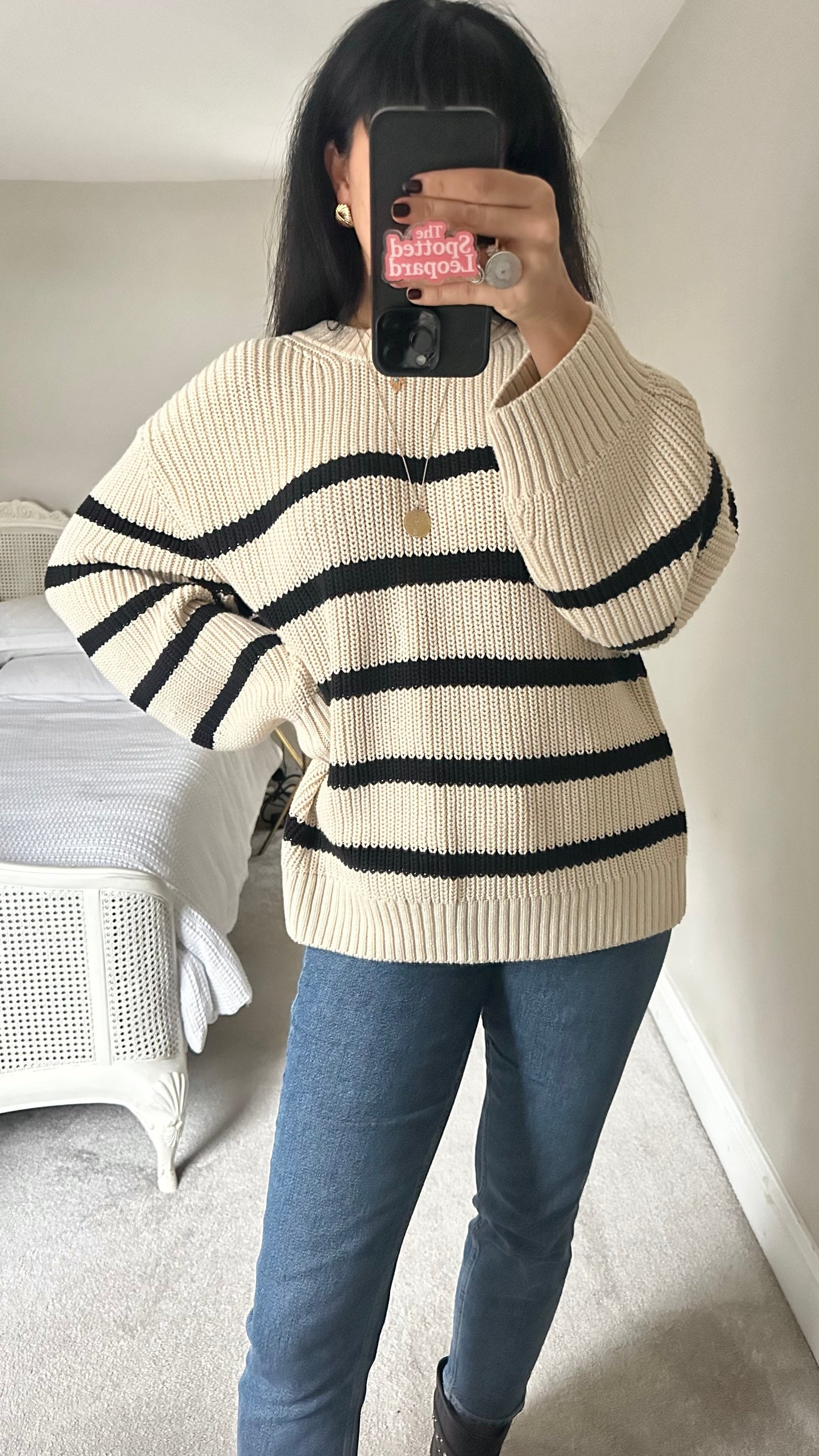& other stories cream black beige stripe knitted jumper medium large UK 12-14 vgc