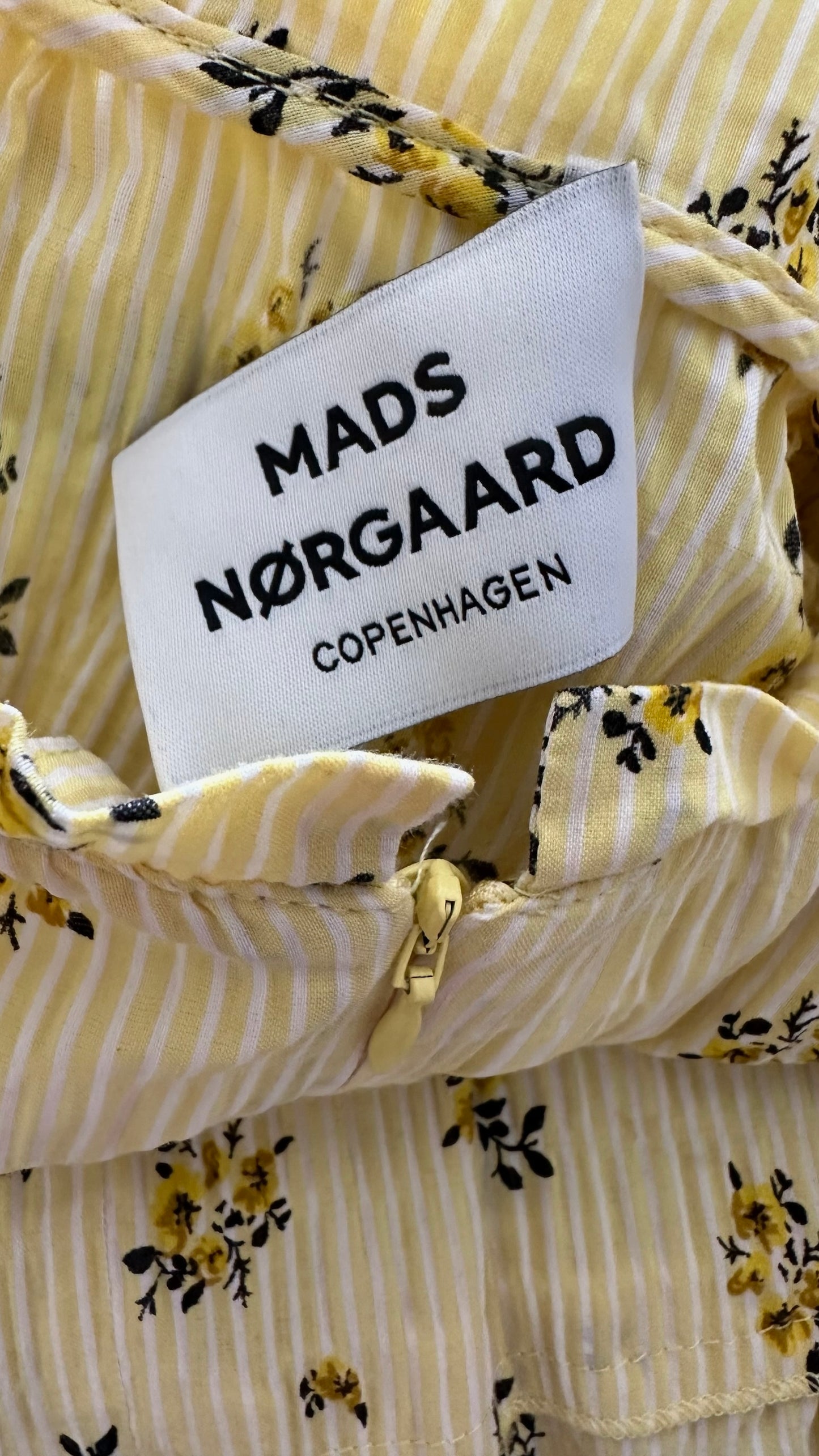 Mads Norgaard Copenhagen lemon yellow floral stripe long sleeve midi dress small S UK 8 vgc