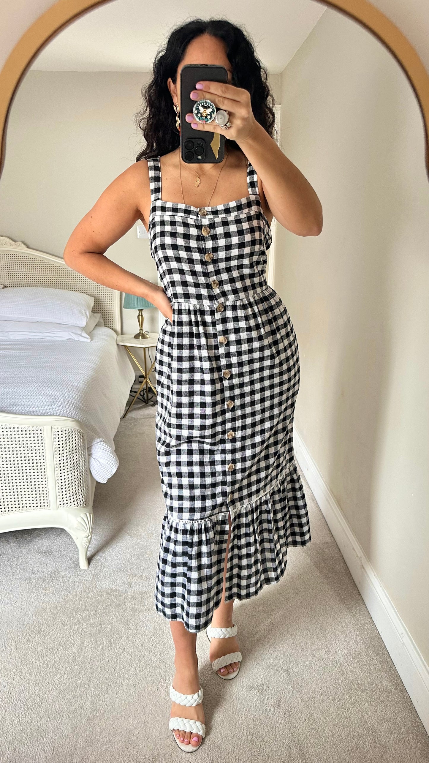 Marks & Spencer M&S black white gingham check button up midi long holiday dress small UK 8-10