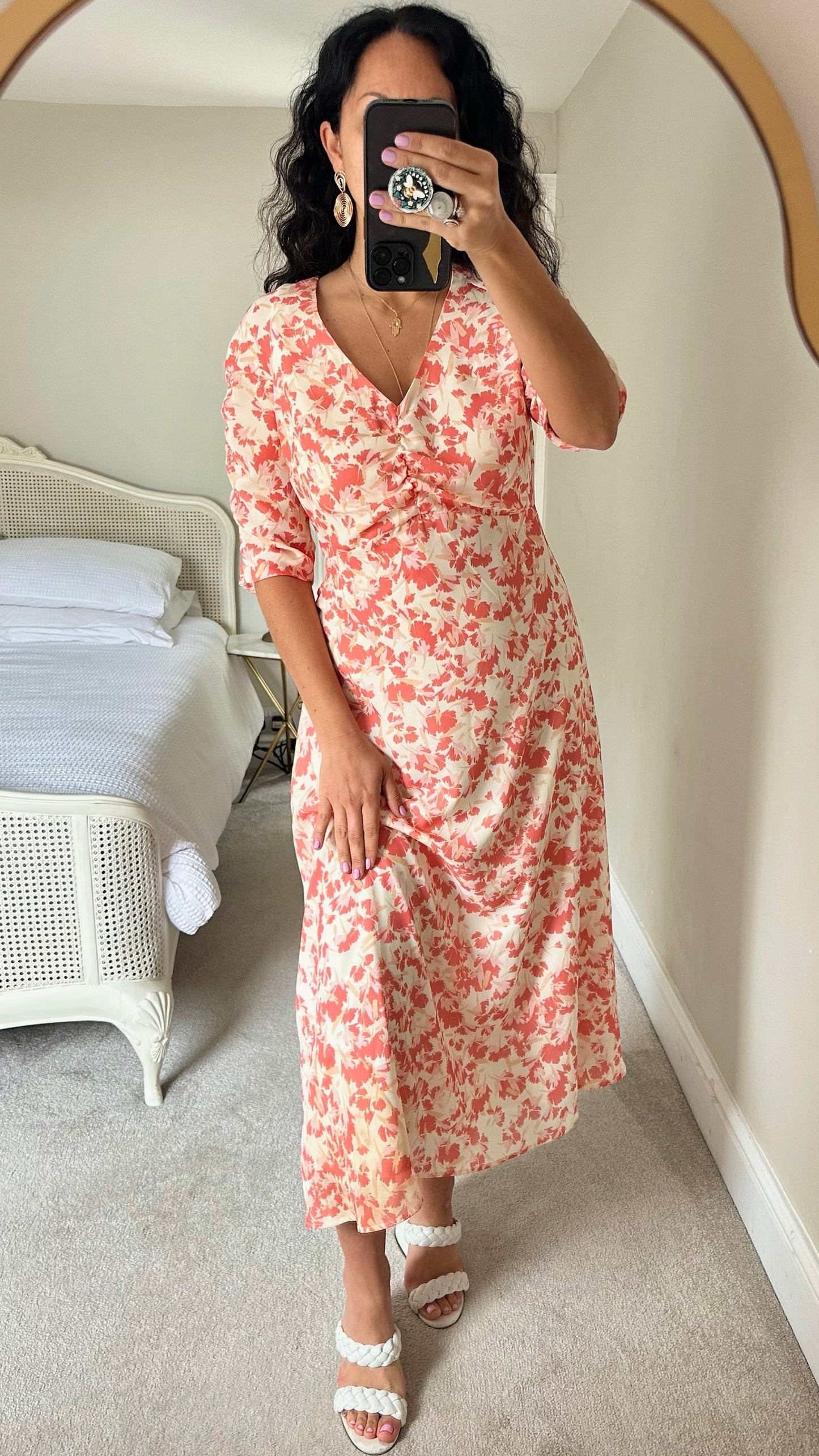 Iris & Ink @ Net-a-Porter coral apricot cream leaf print maxi dress wedding large L UK 12 vgc