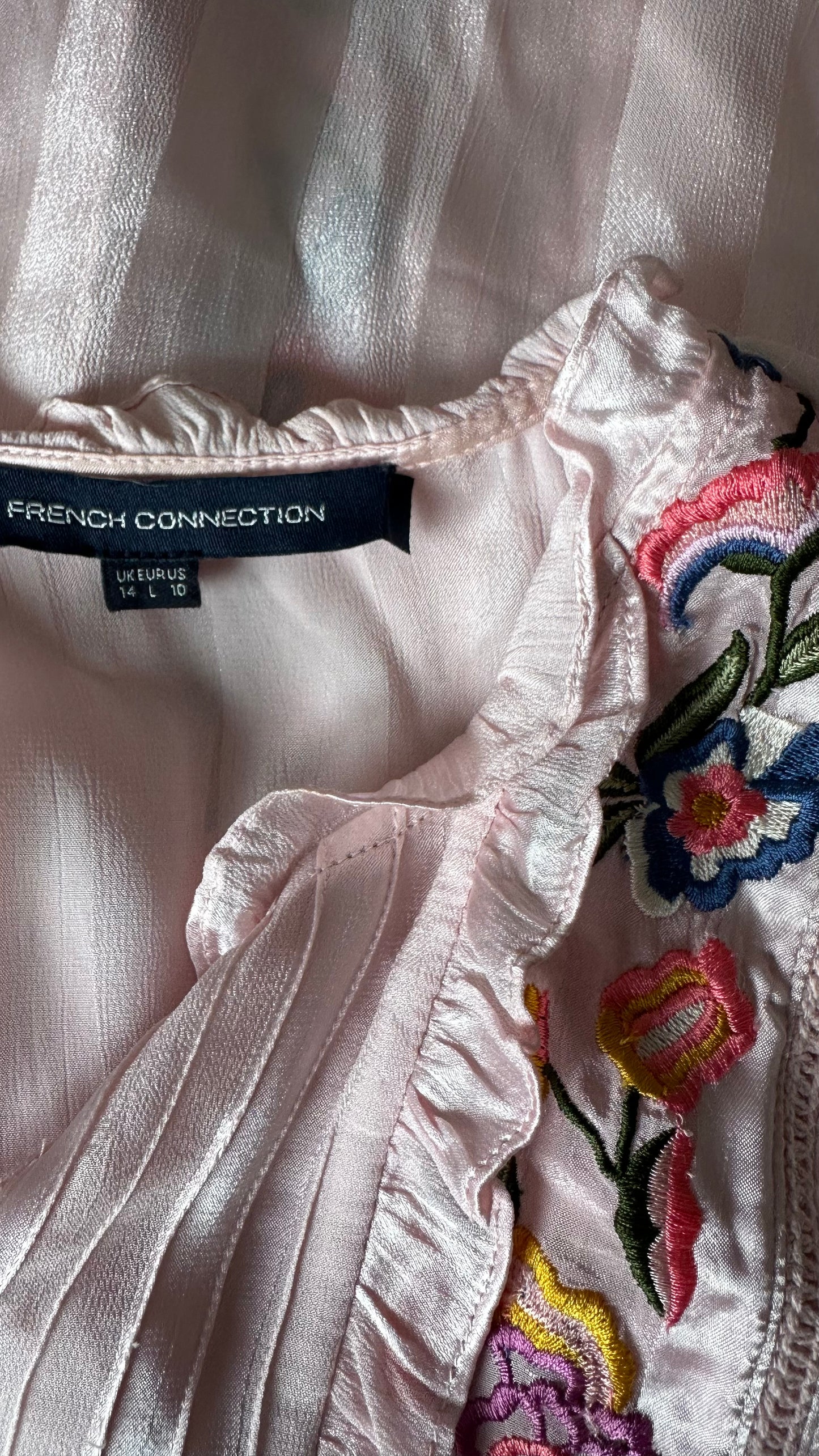 French Connection rose pink stripe embroidered event midi long dress medium UK 14 vgc