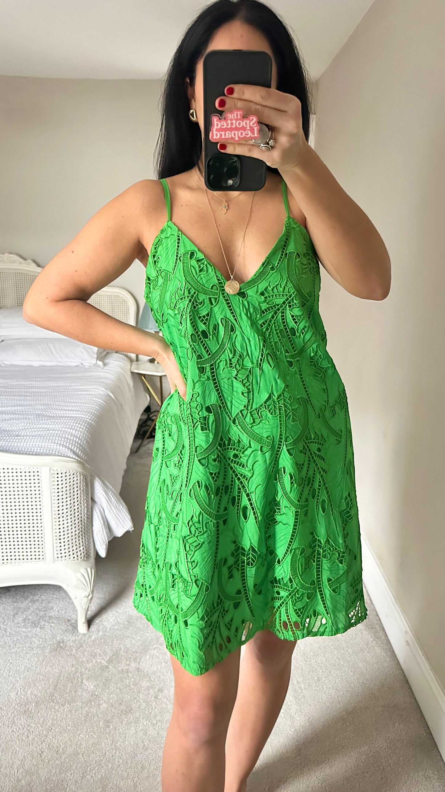 Topshop bright green embroidered mini slip holiday event dress medium UK 14 vgc