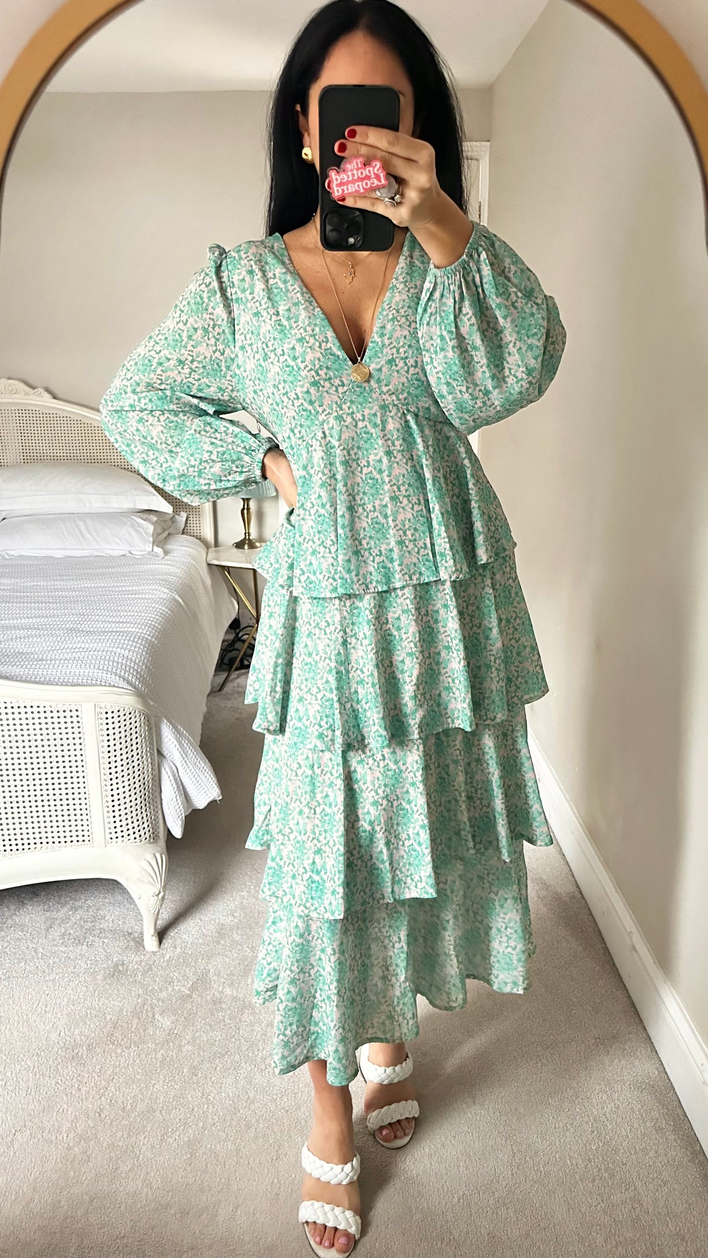 Pretty Lavish turquoise mint green splatter tiered long maxi wedding guest event dress UK 14 medium vgc