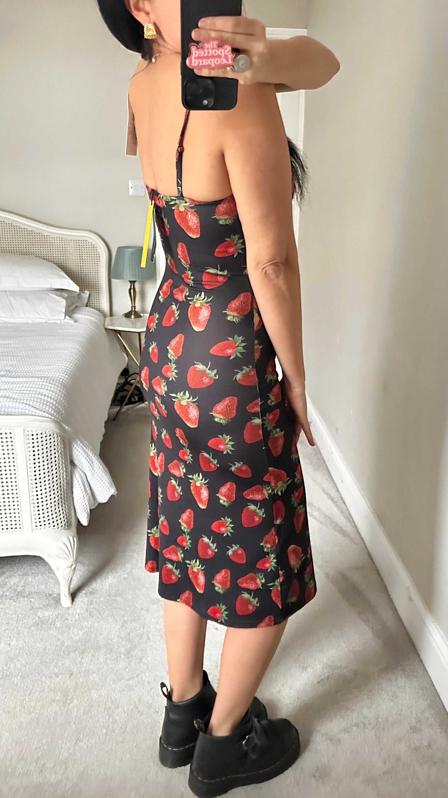 MINGA London @ Urban Outfitters black red strawberry fruit print midi slip dress small UK 8 new bnwt