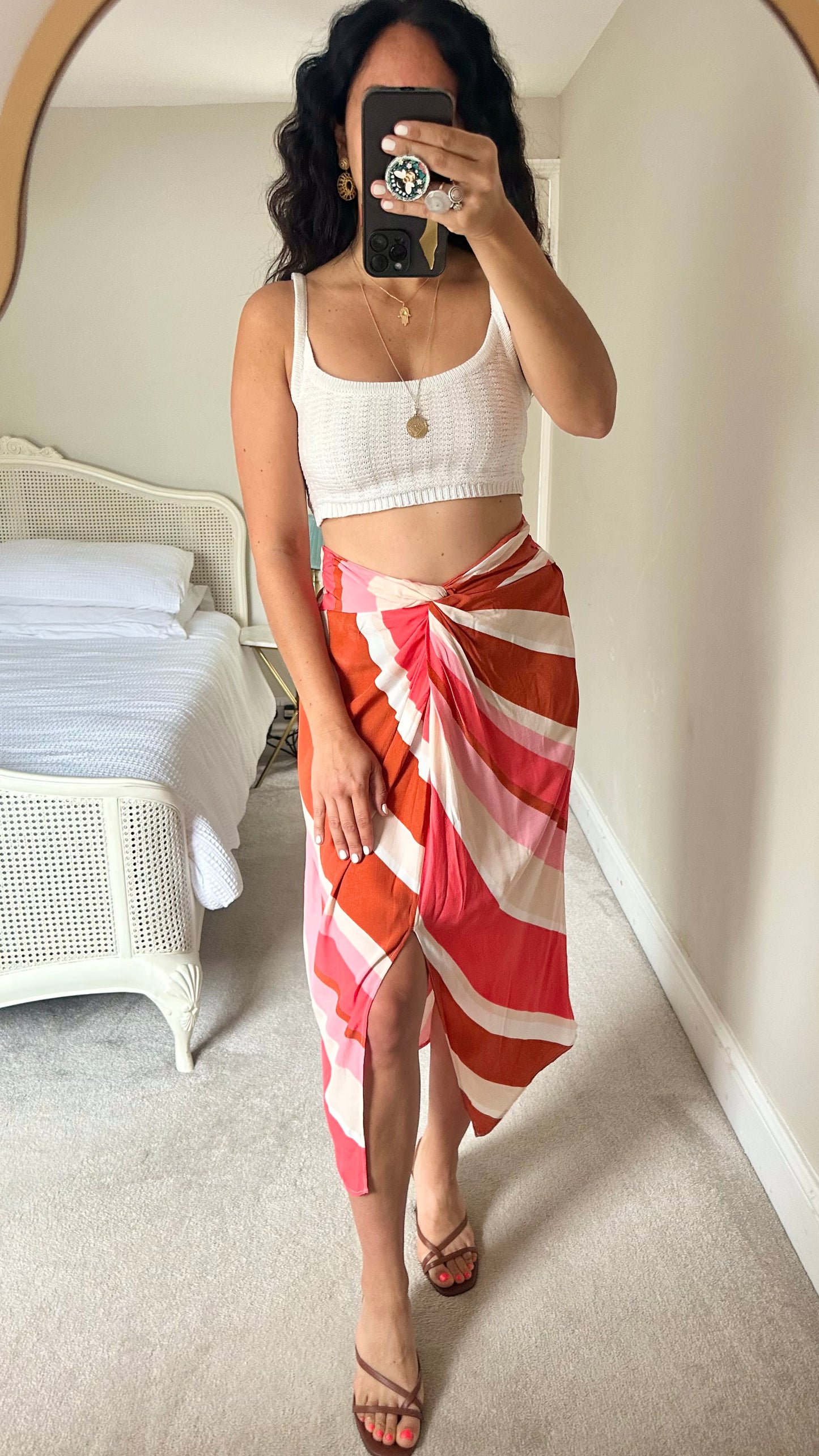 Mango orange coral pink cream knot wrap midi long front split holiday skirt small UK 8-10 vgc