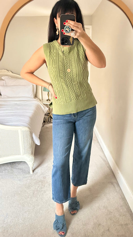 Colour Eighteen khaki olive green knitted waistcoat vest tank top cable knitted cotton small medium UK 10