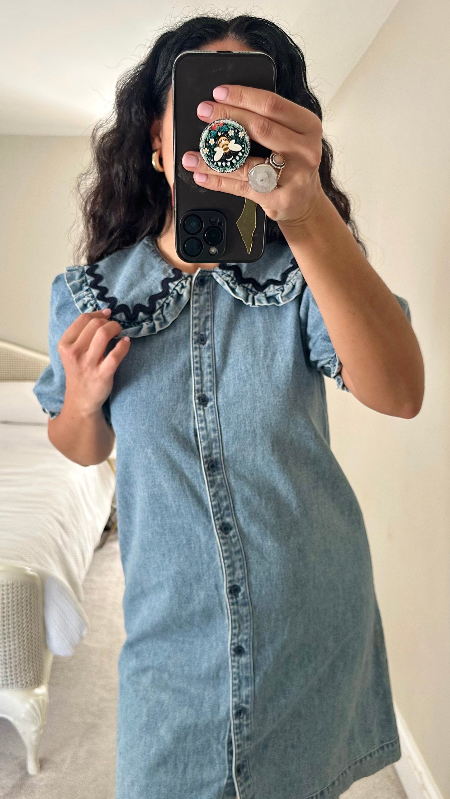 & other stories denim frill collar button up mini dress large UK 16 vgc casual