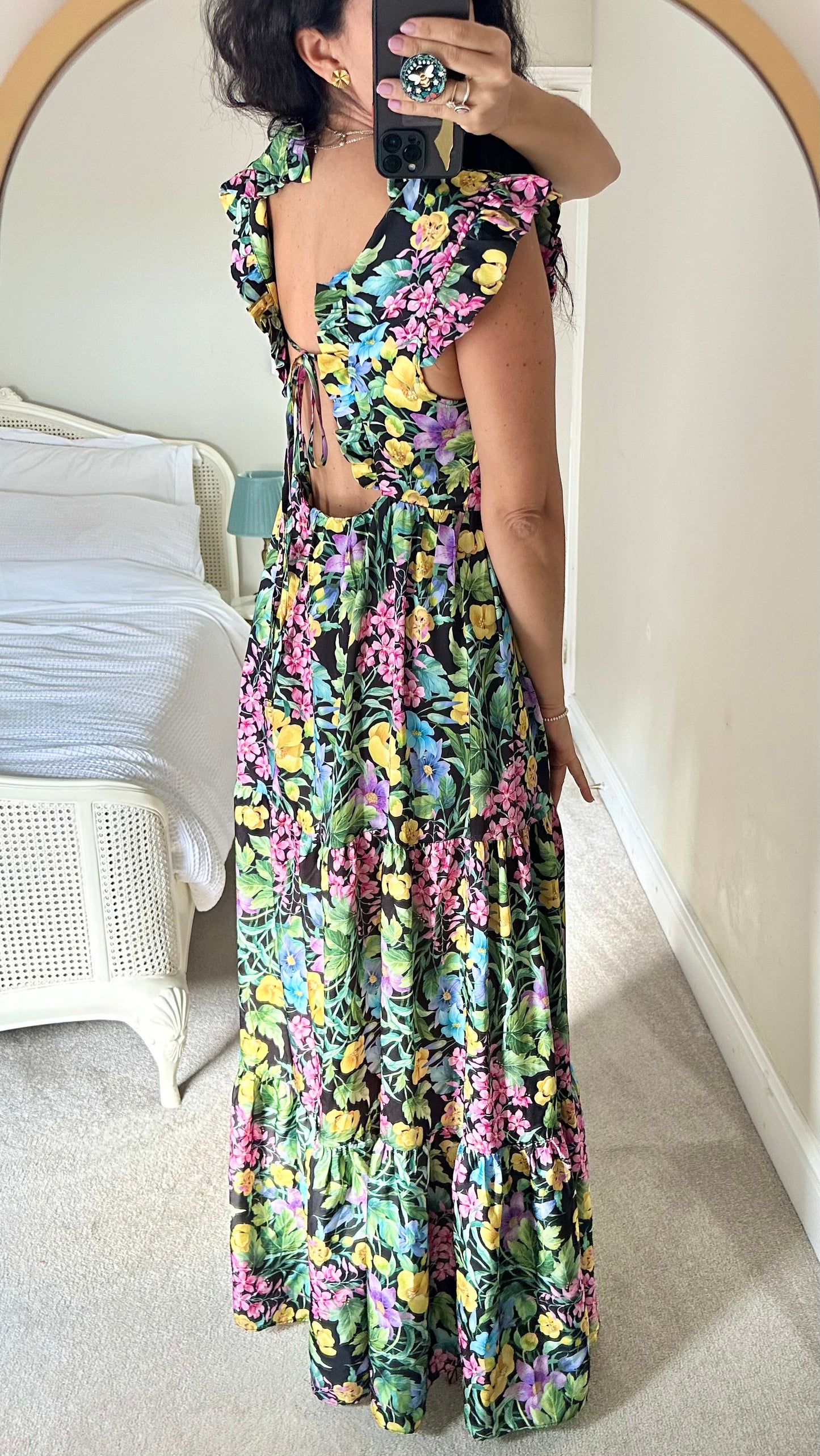 Forever Unique black green pink floral wedding guest event maxi dress tall UK 12 vgc