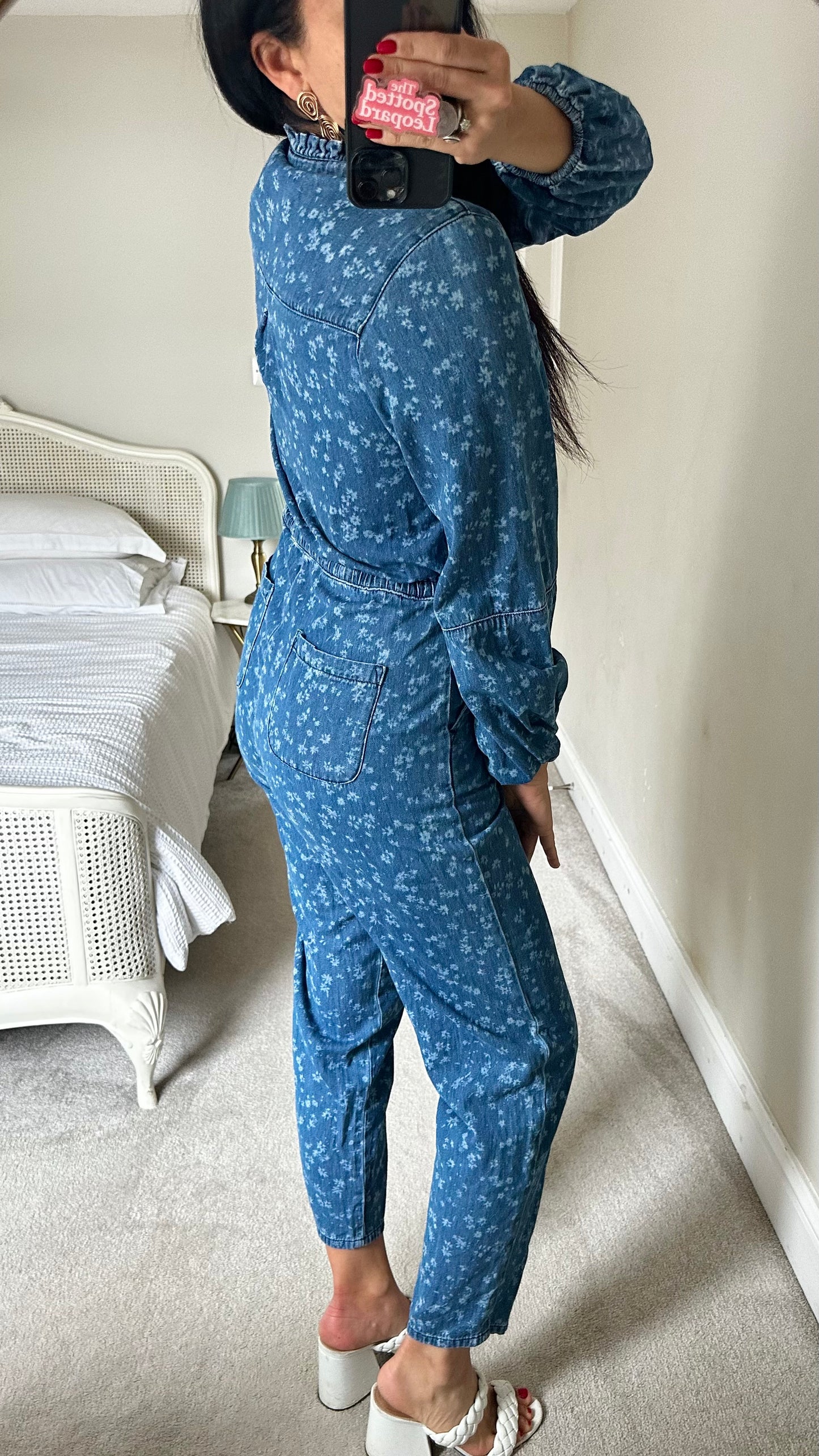 Oliver Bonas blue denim jeans boilersuit jumpsuit floral small UK 8 vgc