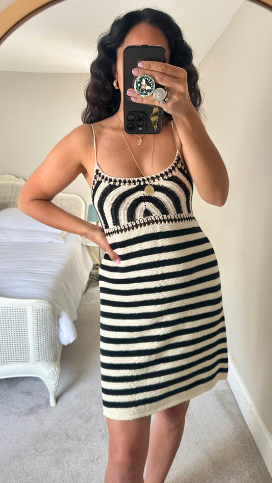 Zara black cream stripe viral crochet mini dress medium UK 10 vgc