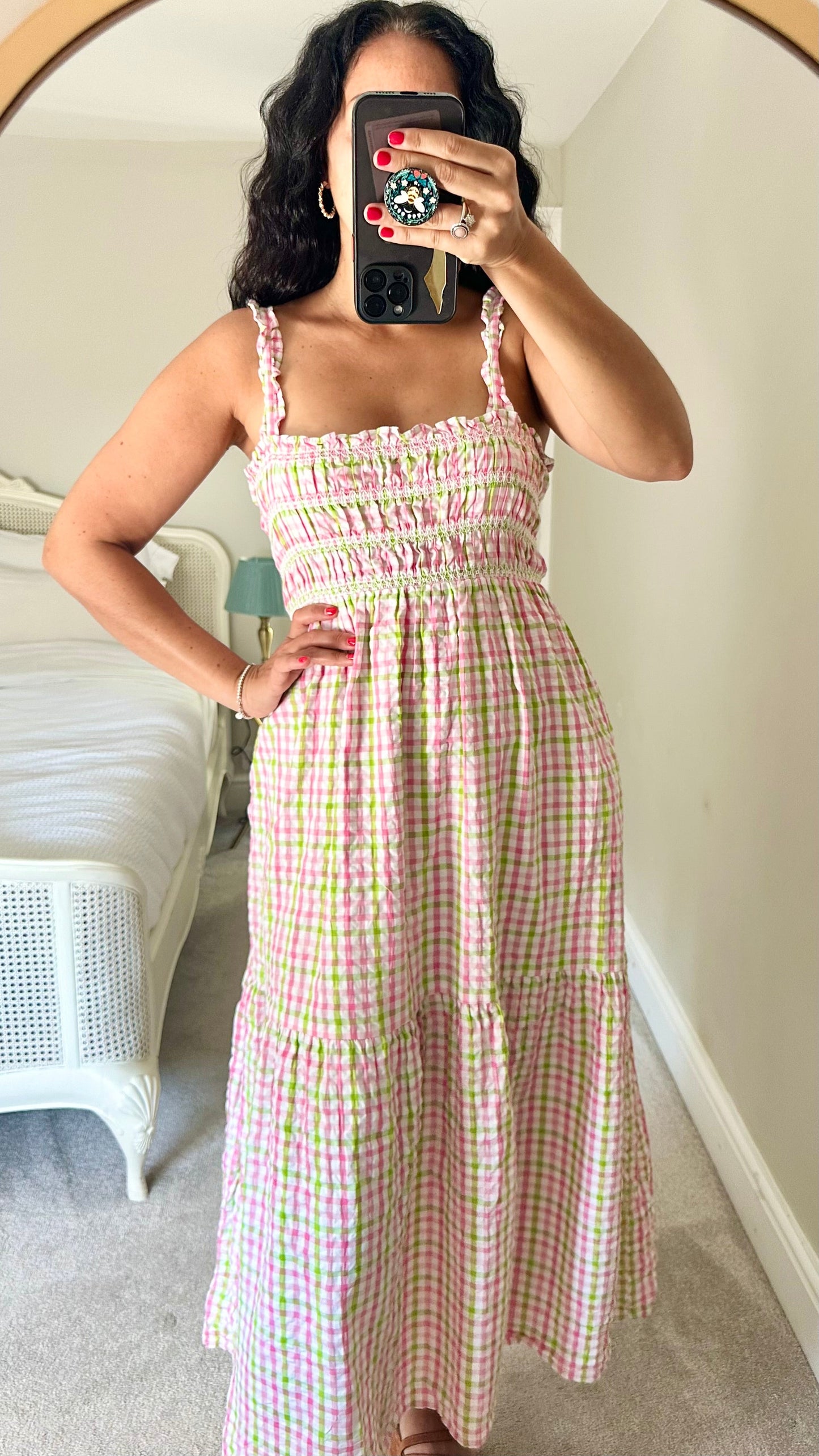 French Connection pink white green gingham check rusched maxi dress large UK 14-16 vgc