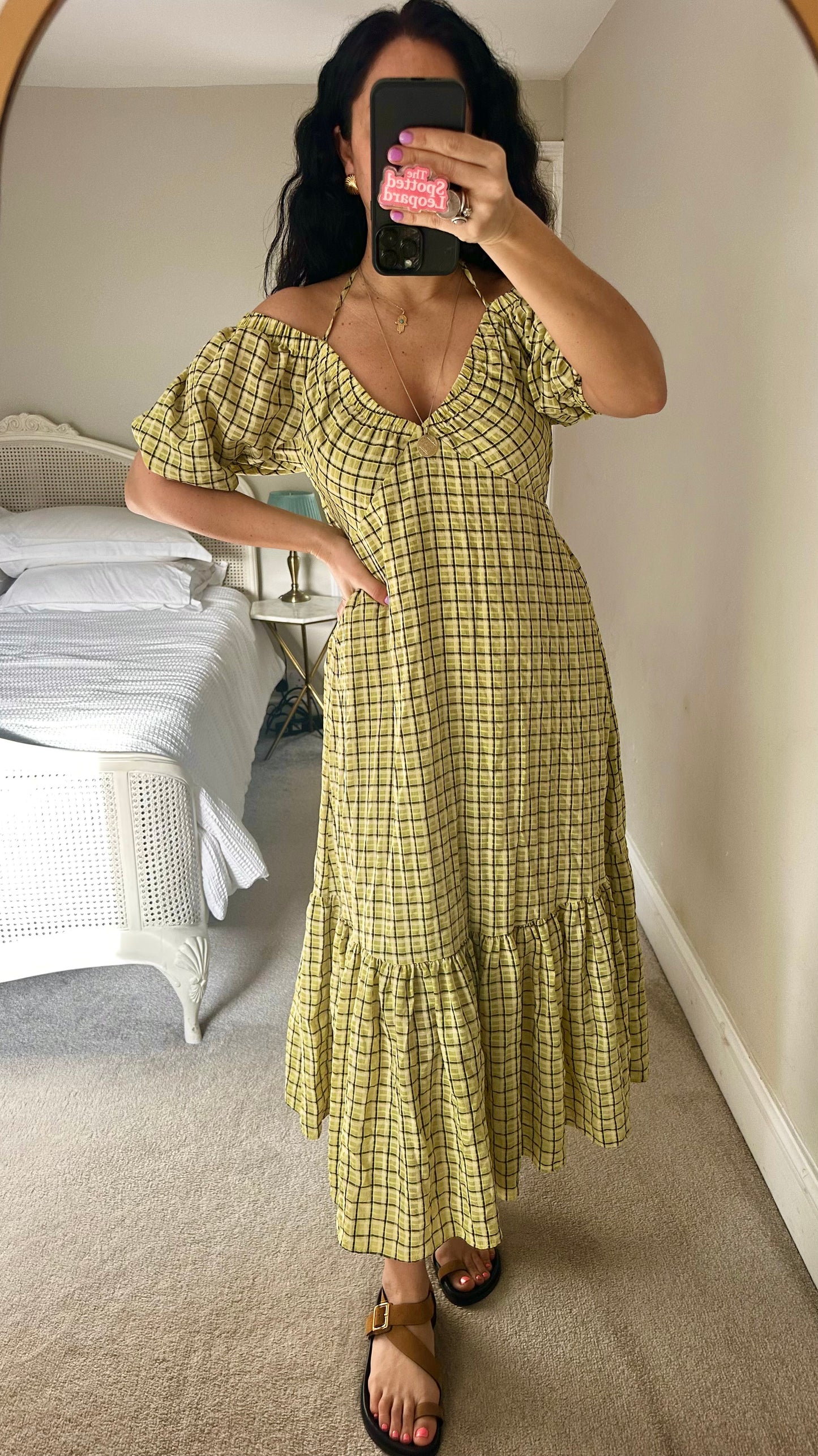 Topshop acid yellow green gingham check long midi dress medium UK 14 vgc