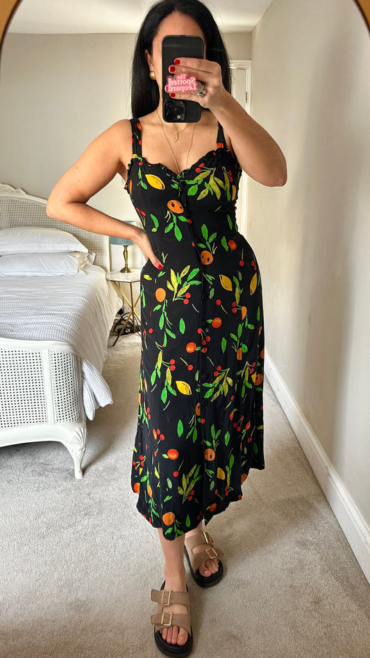 Whistles black orange 🍊 fruit print midi button up casual dress small UK 10 holiday