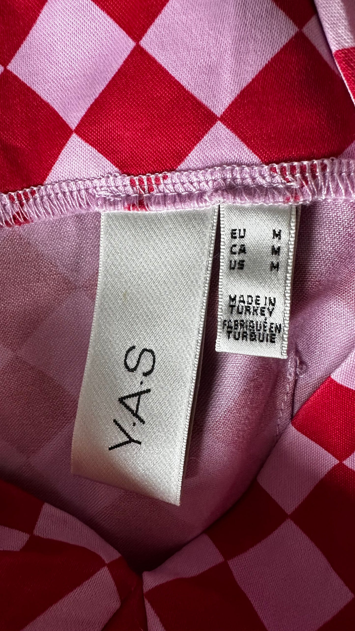 YAS pink rose fuchsia checkered midi long dress medium UK 10-12 event vgc