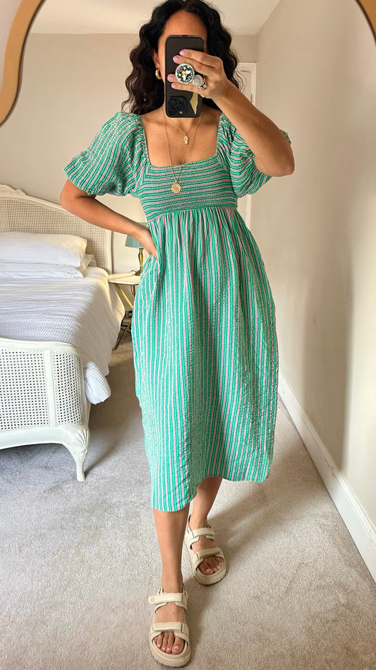 Nobody’s child green pink stripe shirred bust midi dress small S UK 8 vgc
