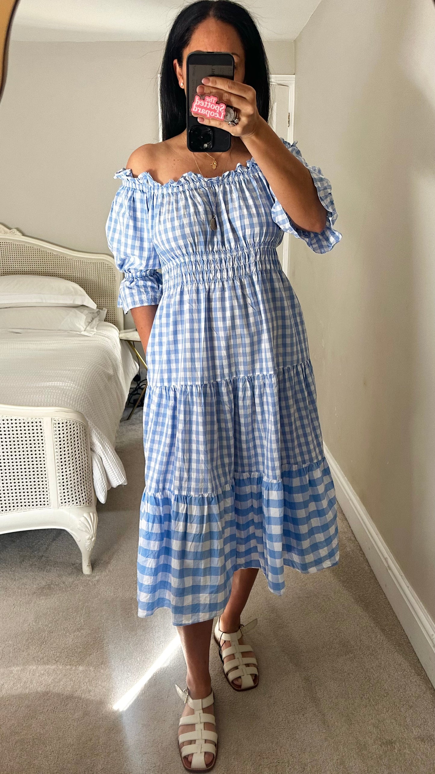Kitri light blue white gingham check midi off shoulder dress medium UK 14 vgc