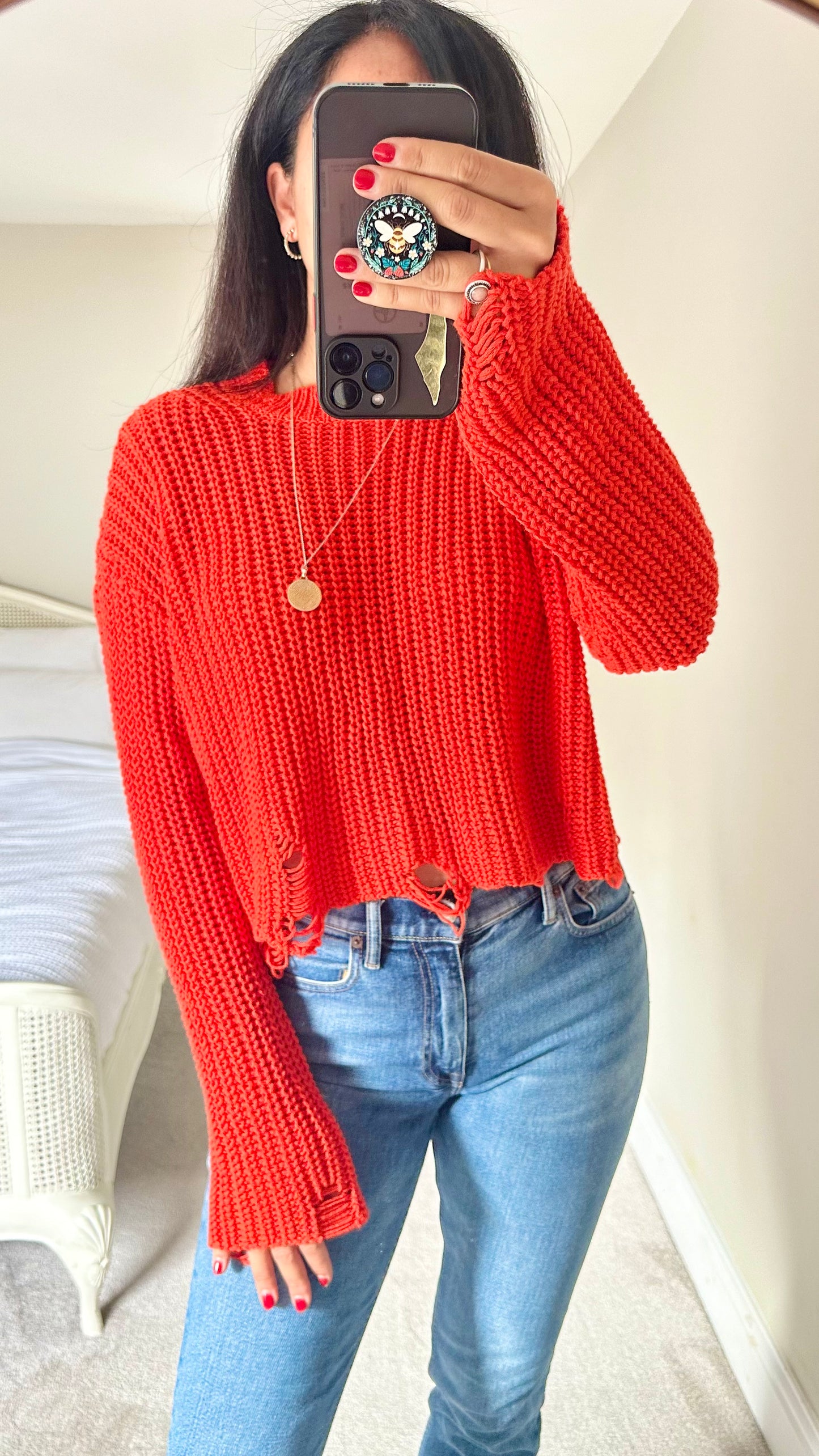 Zara red knitted cotton blend lightweight distressed look jumper small UK 10 vgc