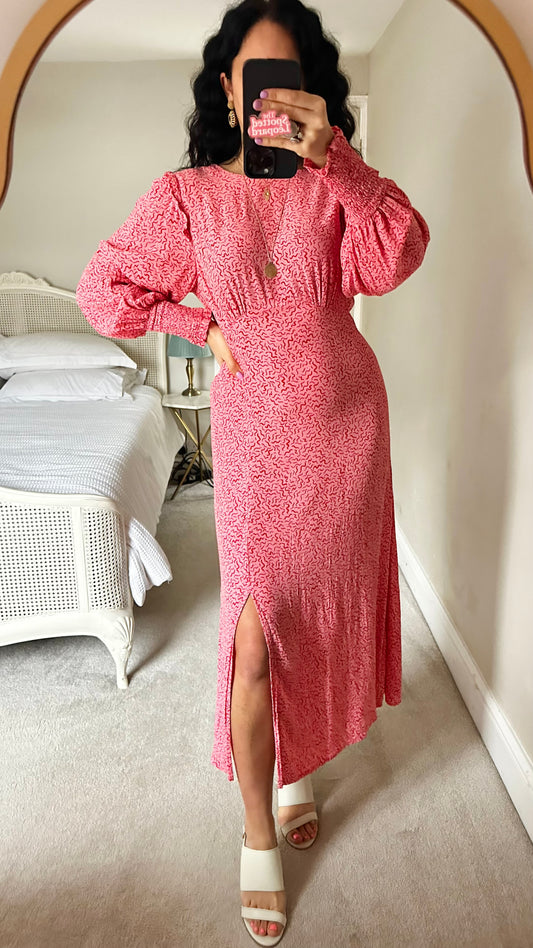 Nobody’s Child pink rose squiggle midis long dress small medium UK 10 12 vgc