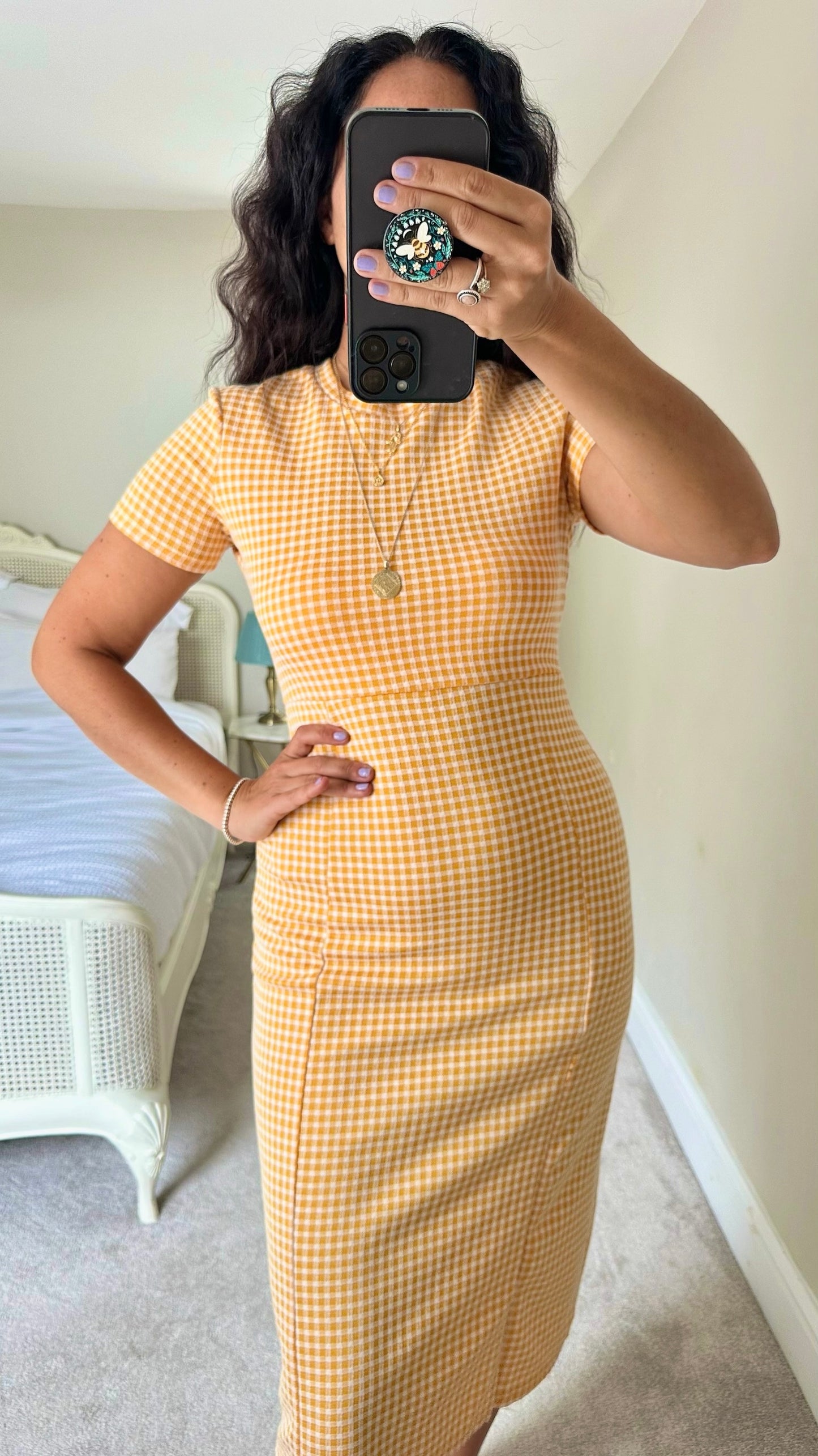 Zara yellow orange gingham T-shirt bodycon midi dress medium M UK 12