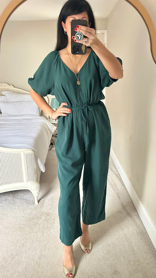 Oliver Bonas deep green linen blend jumpsuit Playsuit extra large UK 14 vgc