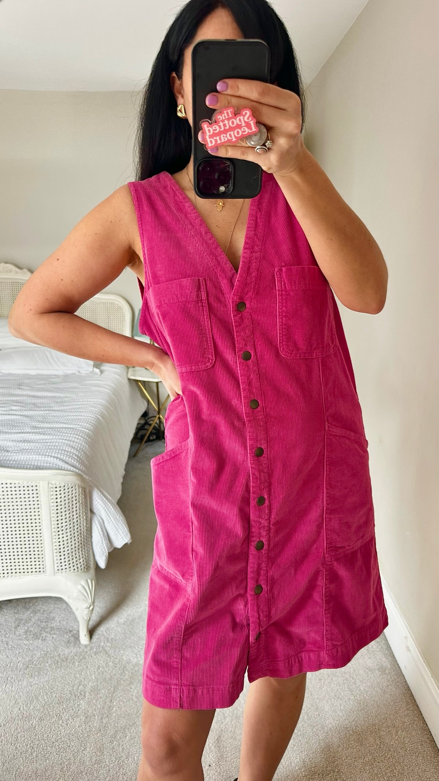 Oliver bonas pink corduroy cotton button up mini dress extra small medium UK 6 14 vgc