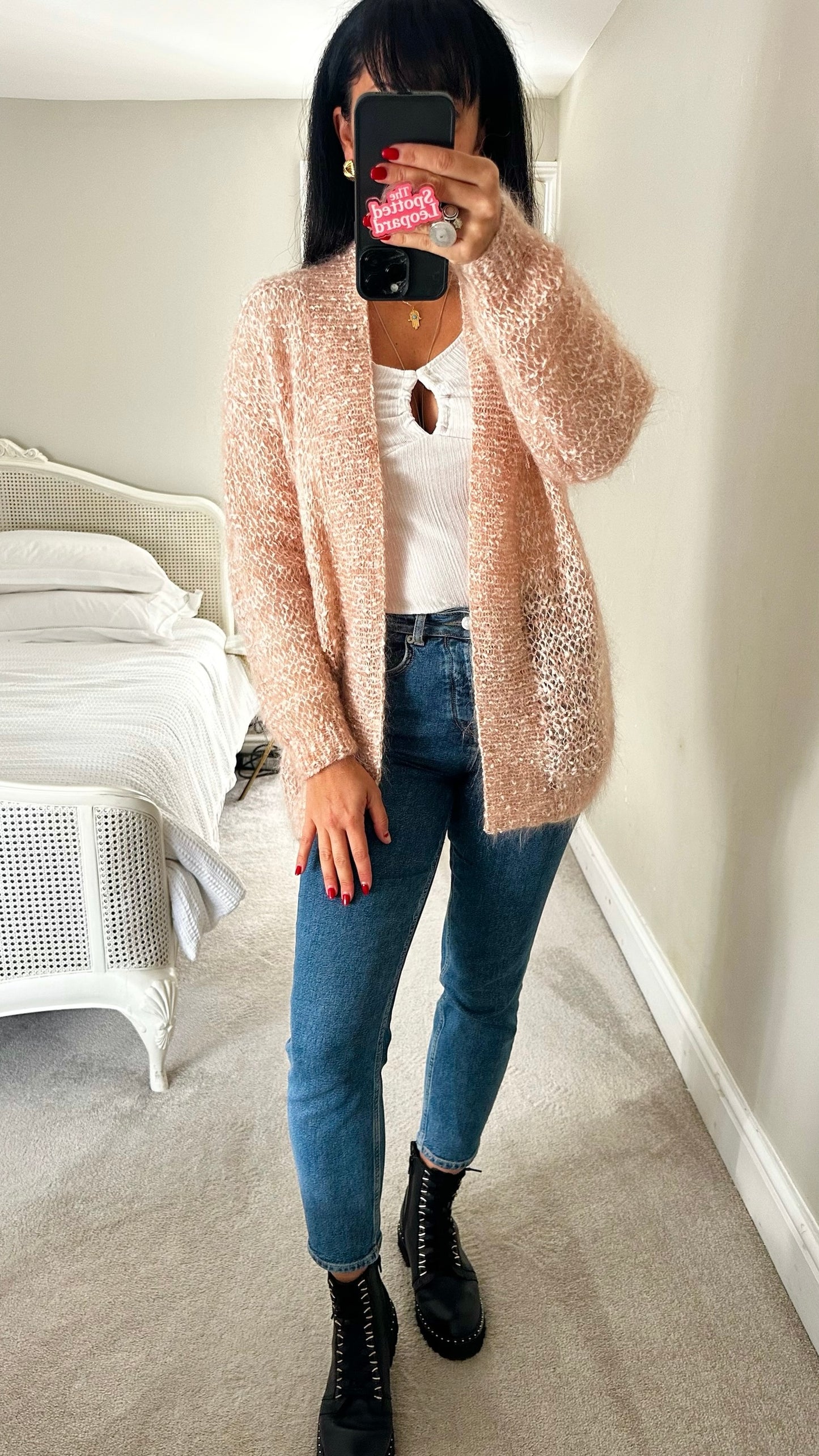 Vintage soft dusky pink knitted cardigan wool mohair blend handmade UK 10-12 vgc XMS25