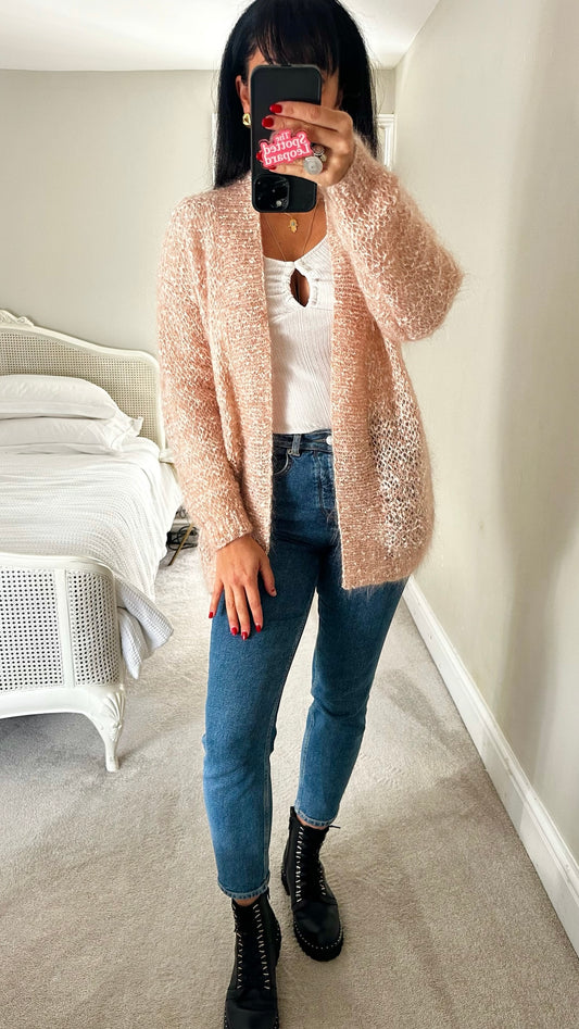 Vintage soft dusky pink knitted cardigan wool mohair blend handmade UK 10-12 vgc XMS25